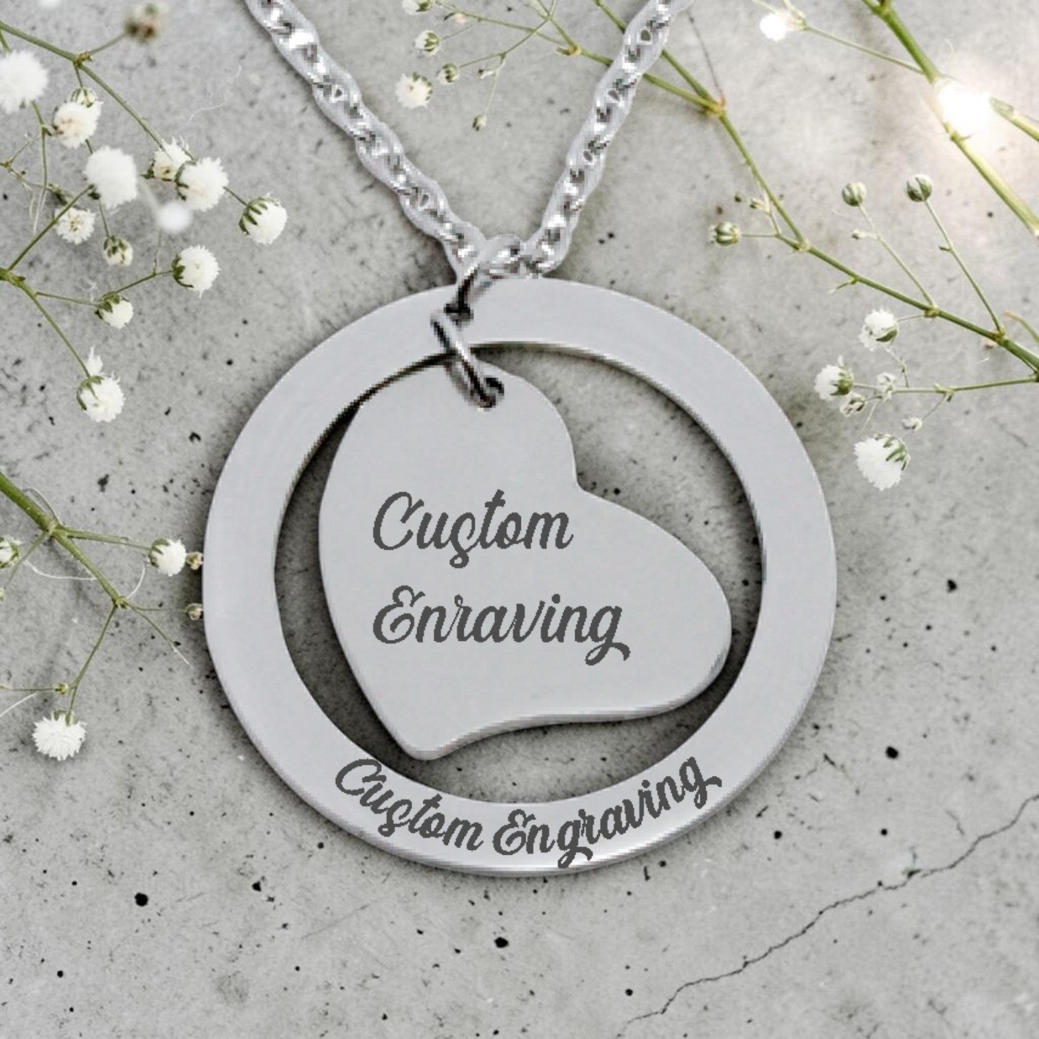 Personalized Side Heart & Ring Pendant with Chain