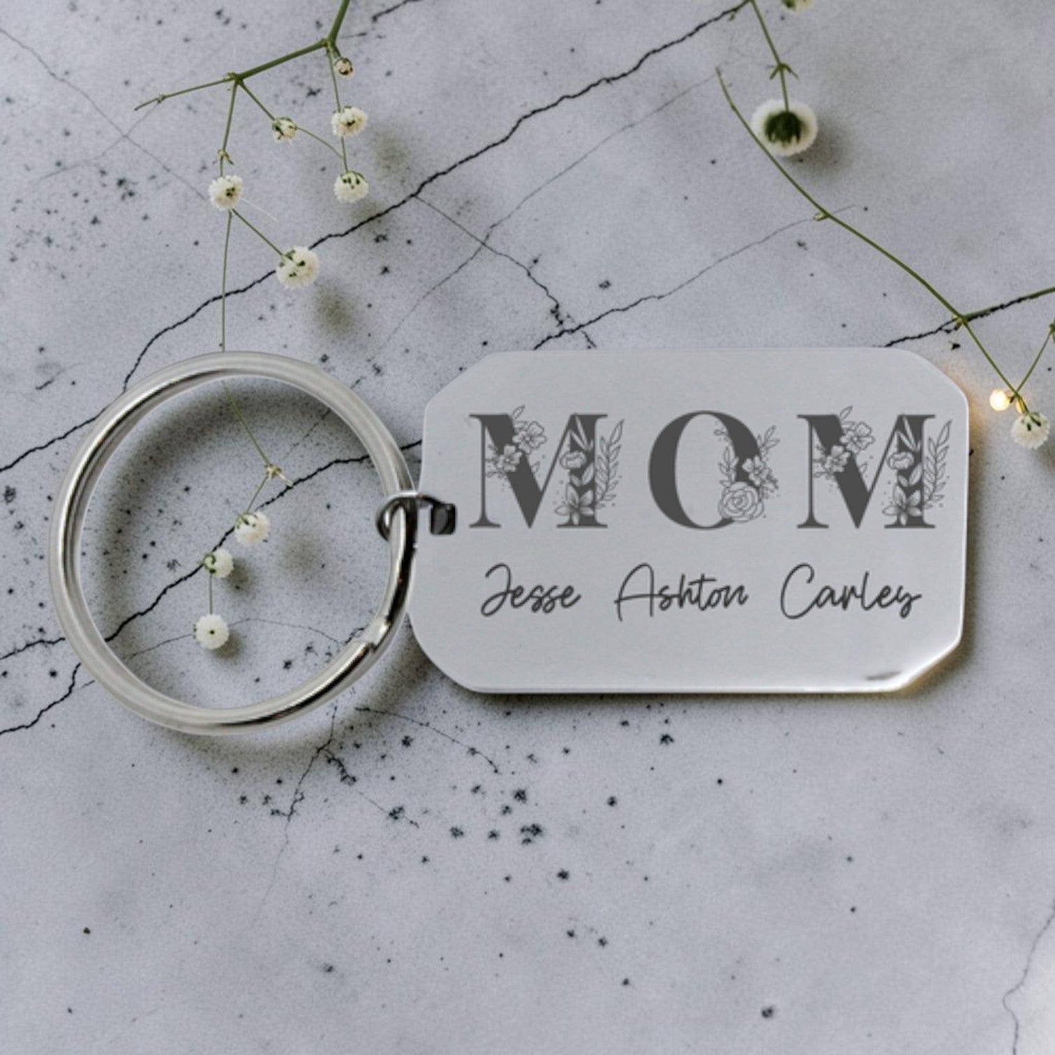Floral MOM Personalized Names Engraved Keyring