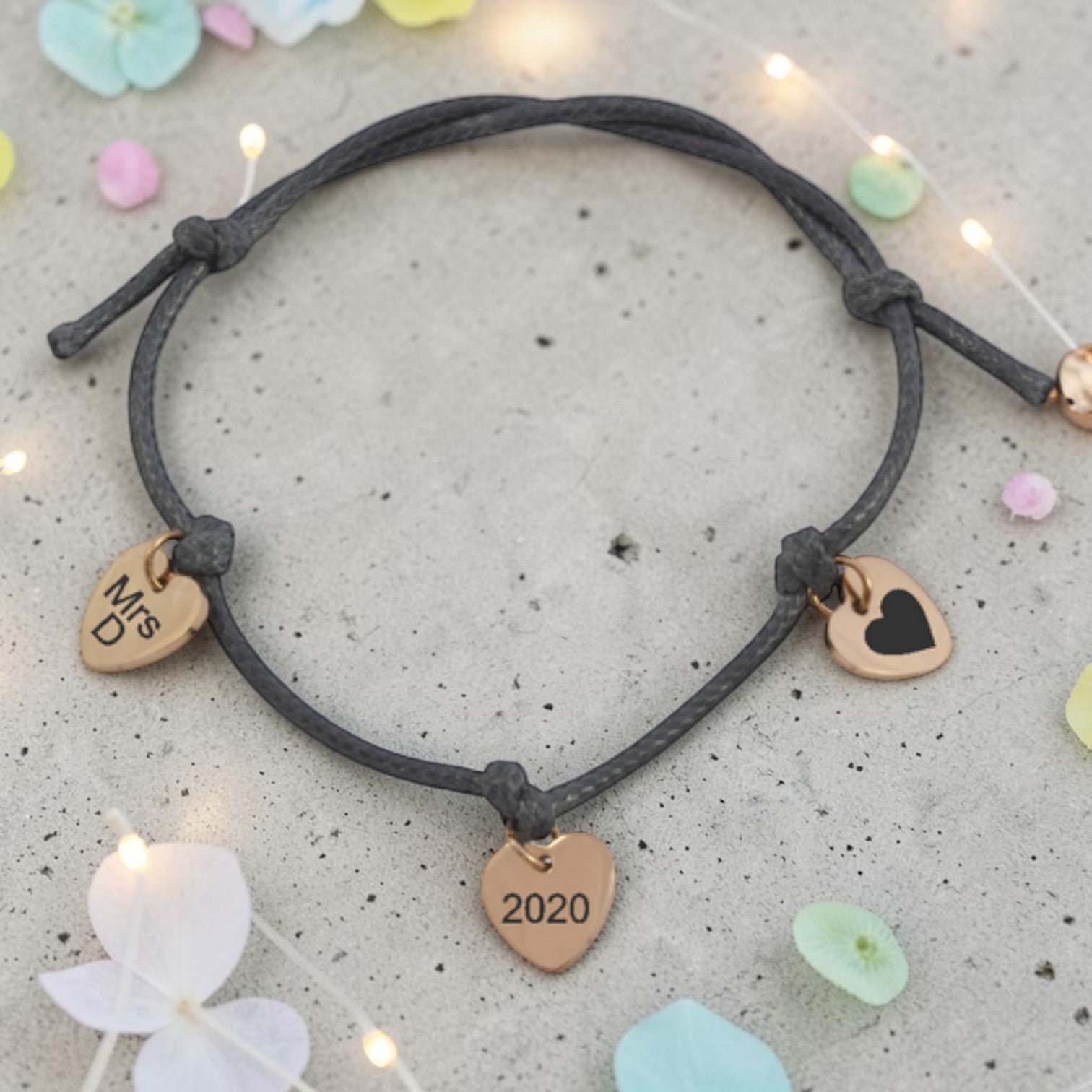 Grey Cord Teacher Bracelet with 3 Engraved Heart Charms