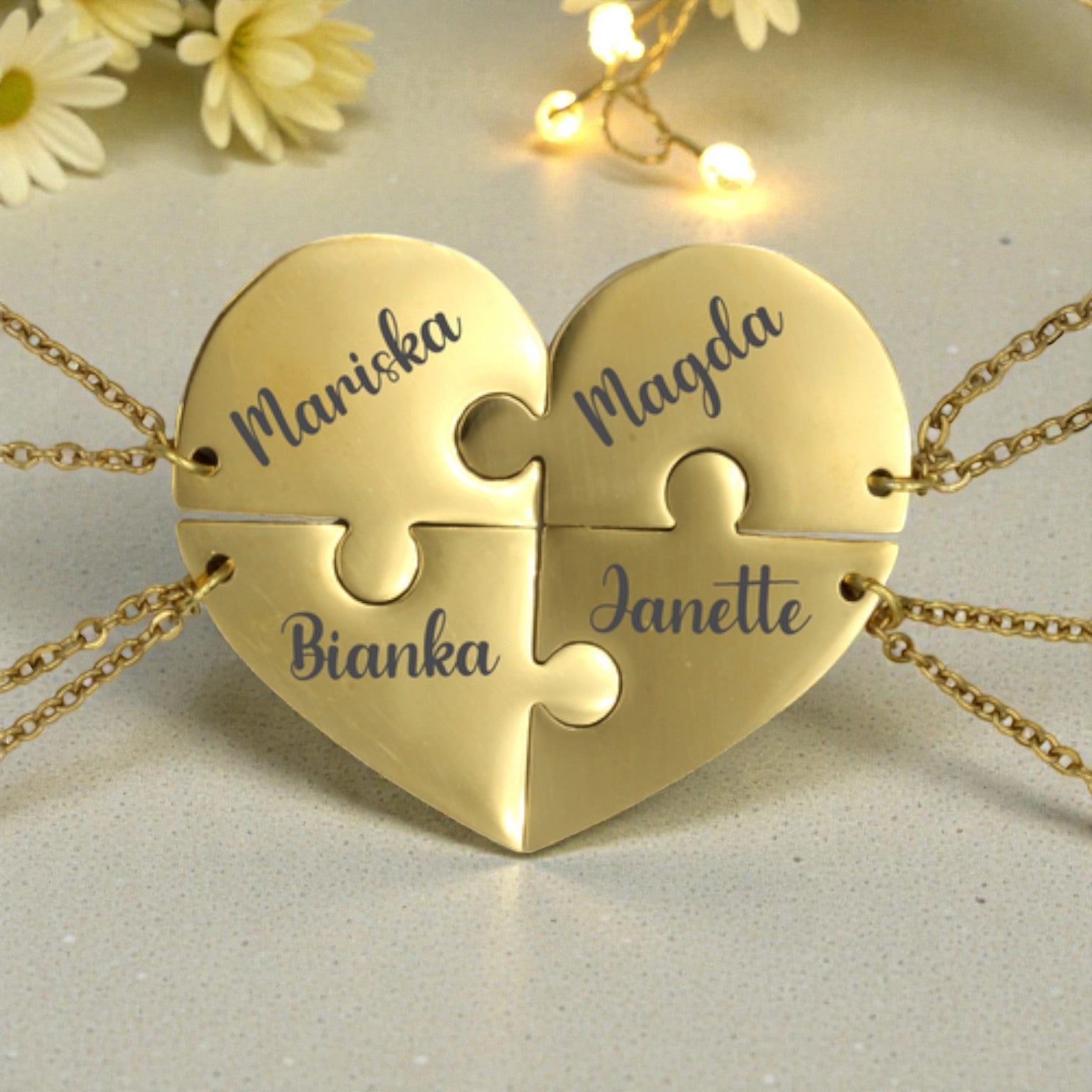 Engraved 4 Parts Heart Pendants with Chains