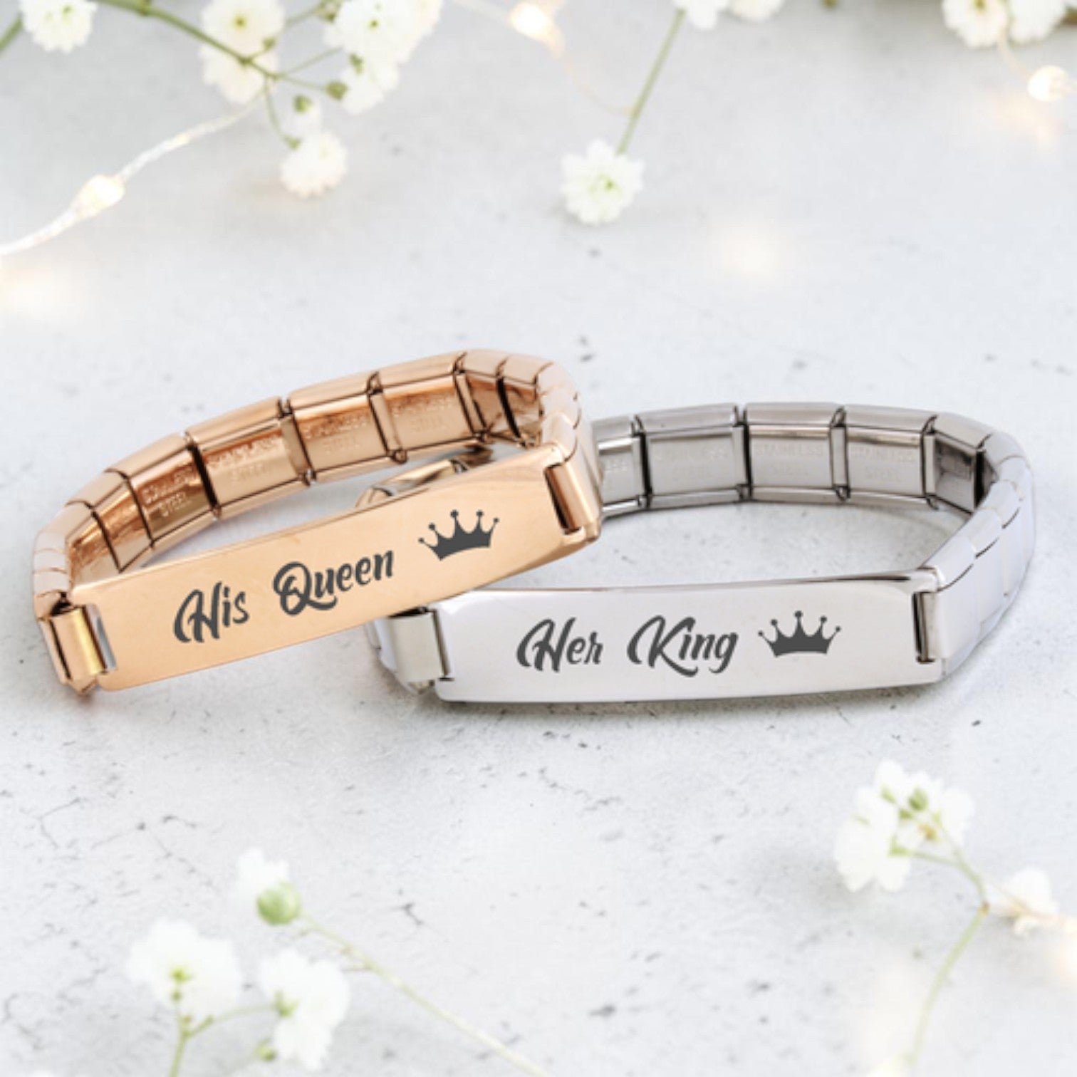 His and Hers Engraved Bar Connector Italian Charm Bracelets
