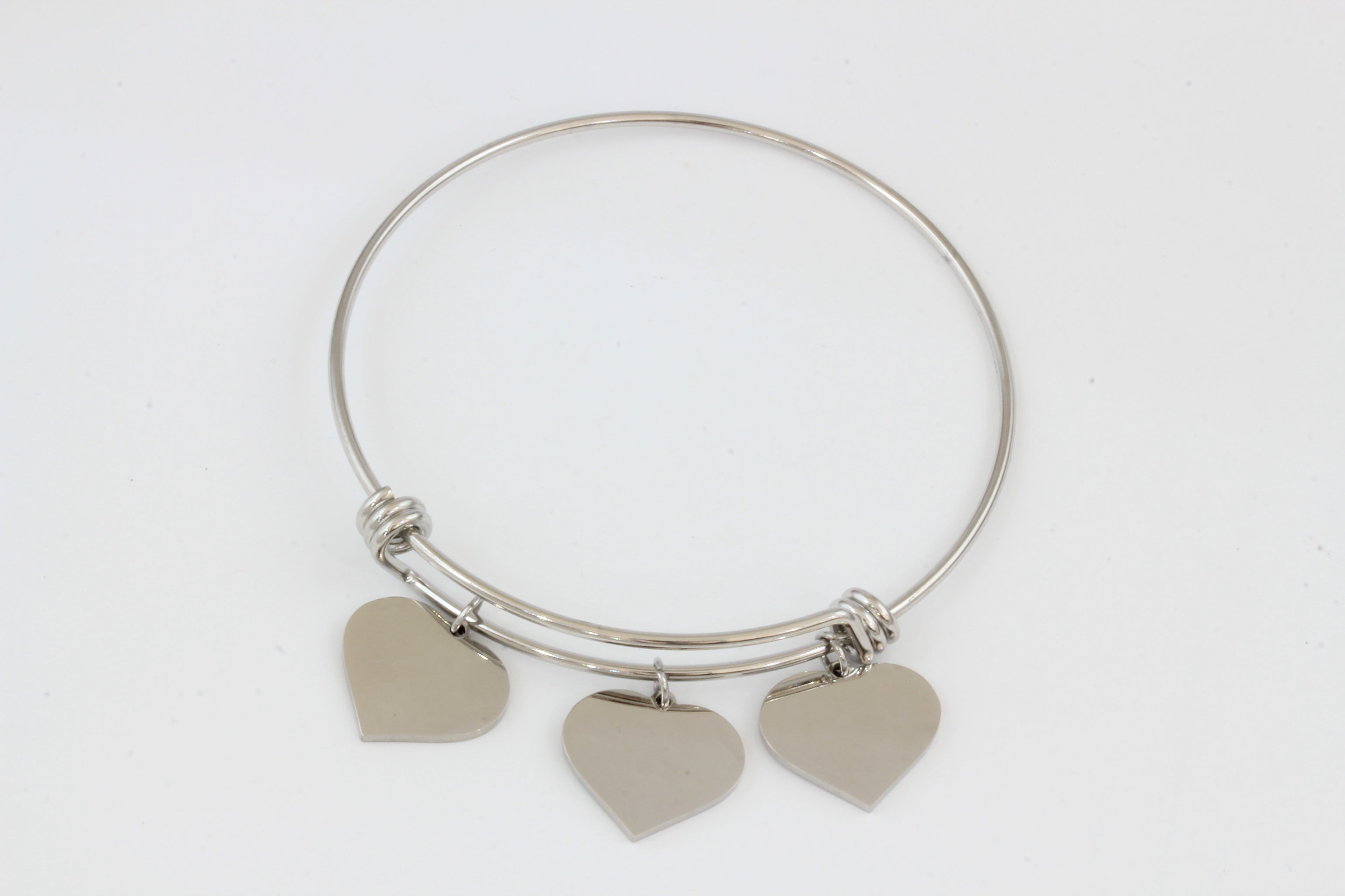 Adjustable Bangle with 3 Custom Engraved Heart Charms
