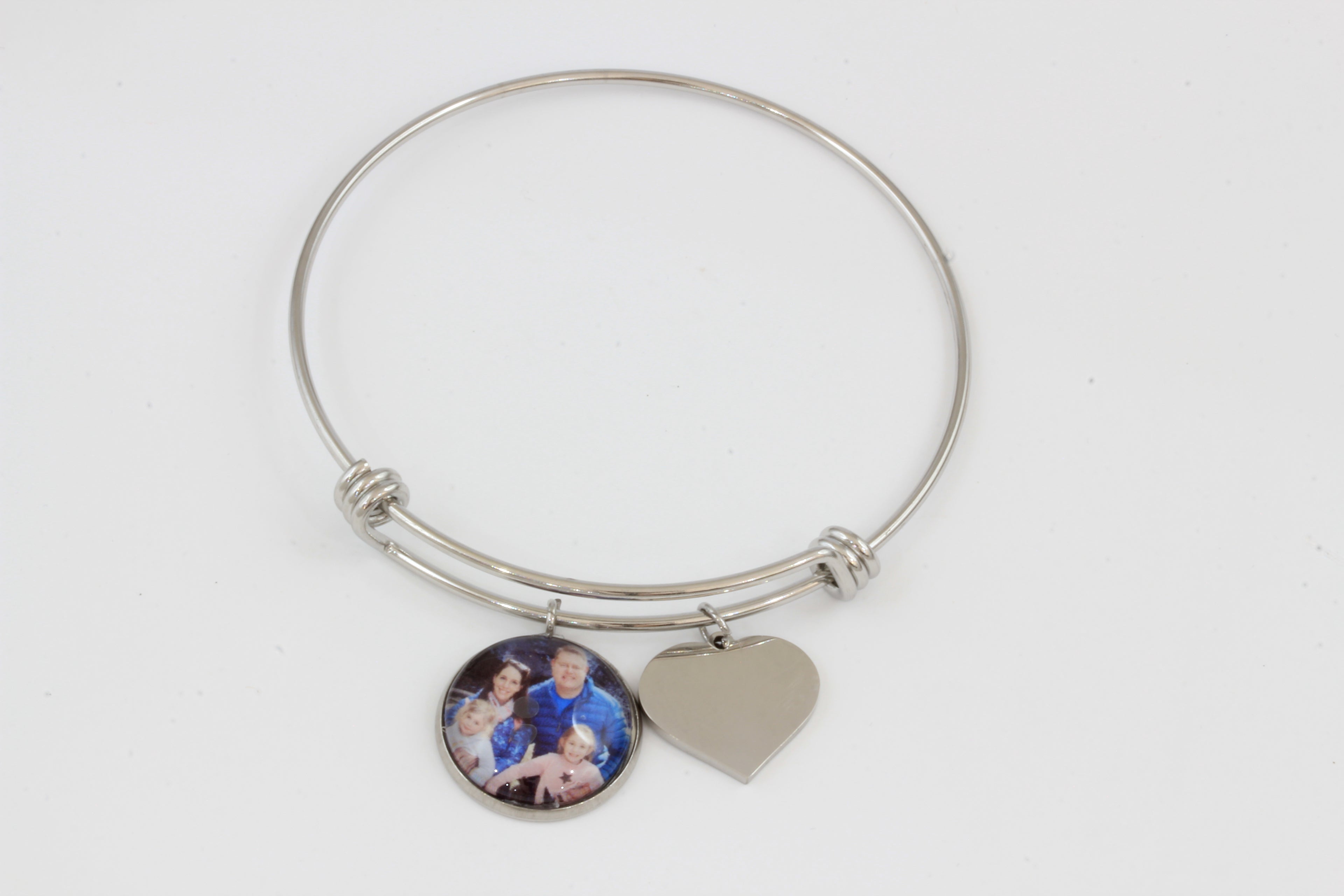 Adjustable Bangle with Custom Engraved Heart Charm & Photo Charm