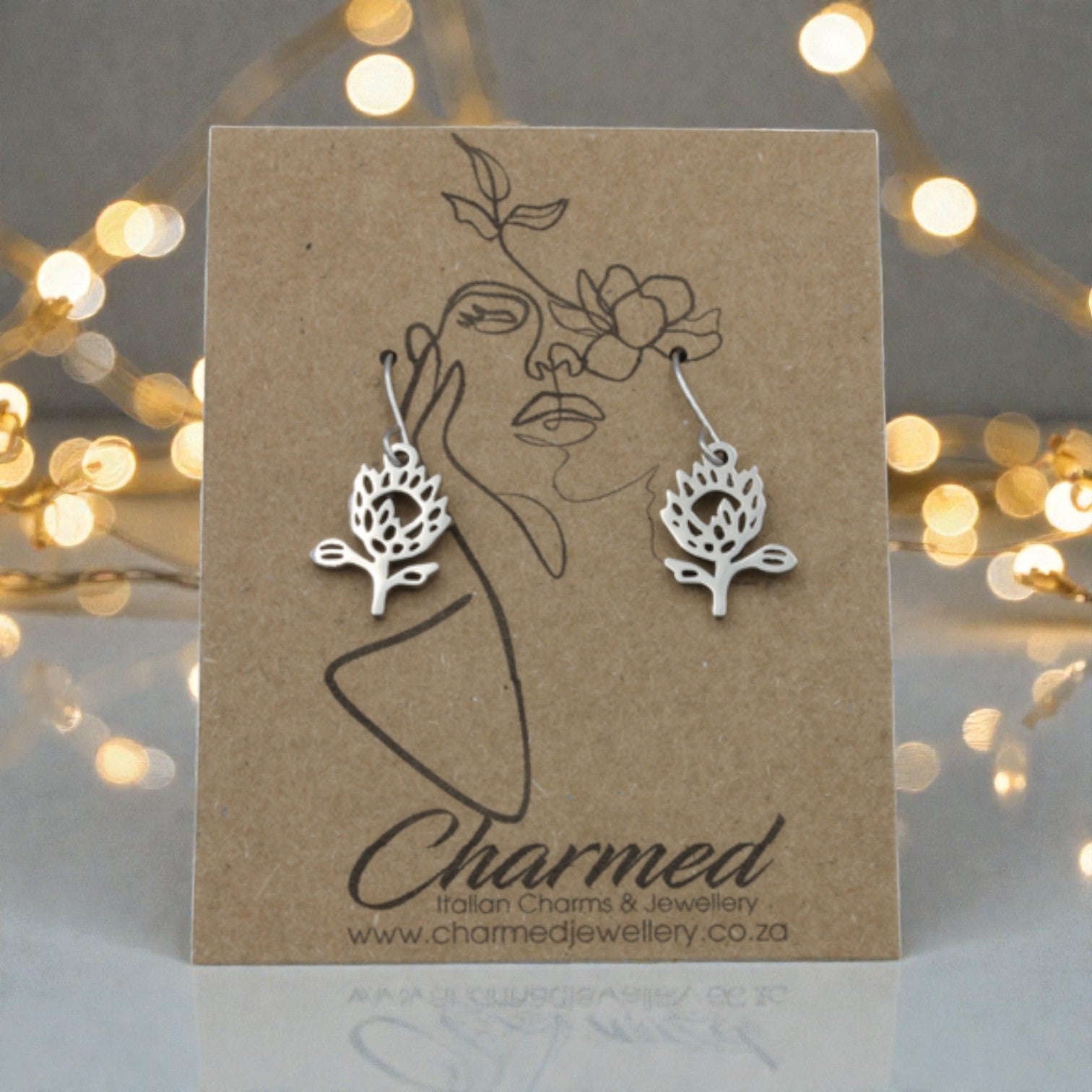 Stainless Steel Protea Dangle Earrings