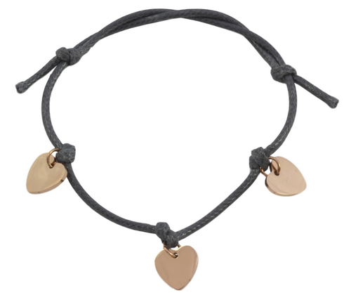 Grey Cord Bracelet with 3 Engraved Heart Charms
