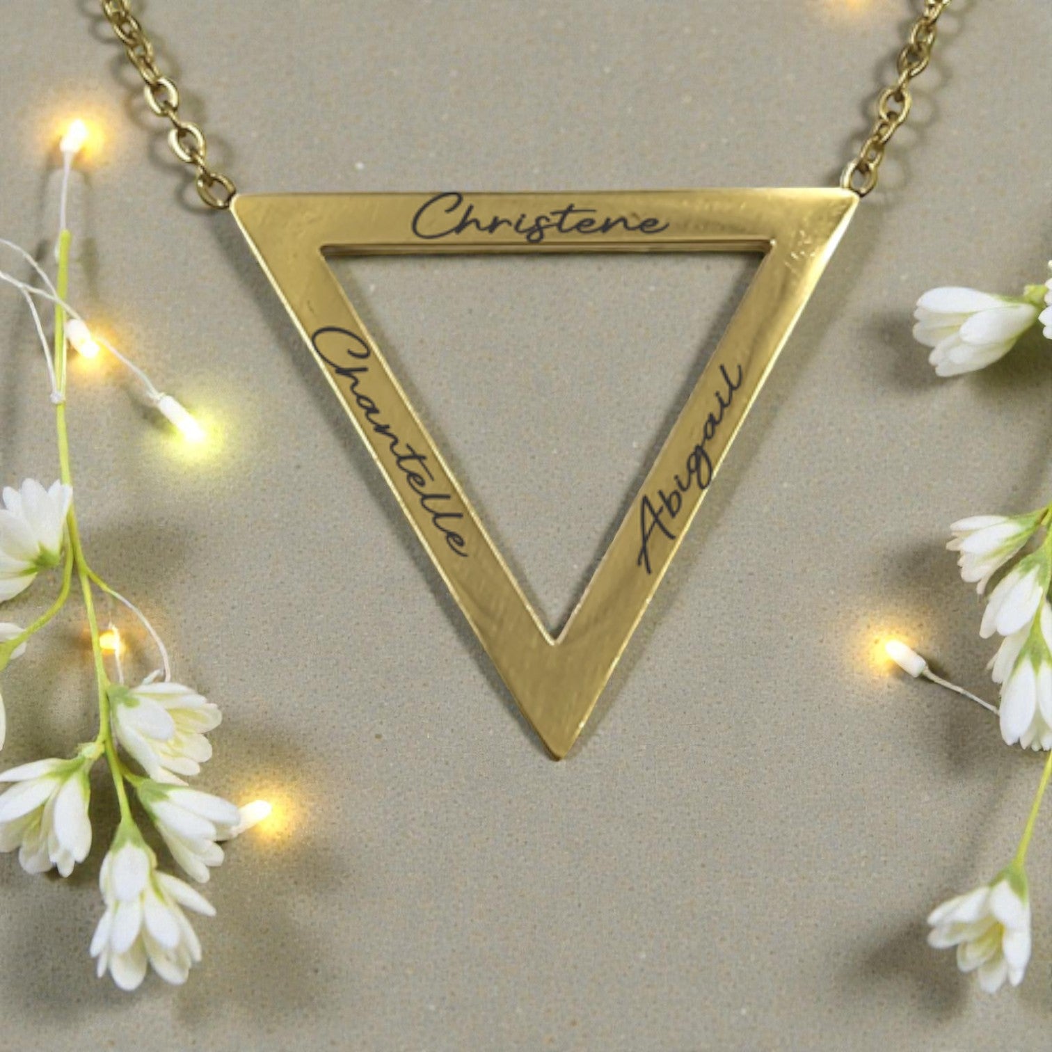 Engraved Gold Plated Triangle Pendant with Chain