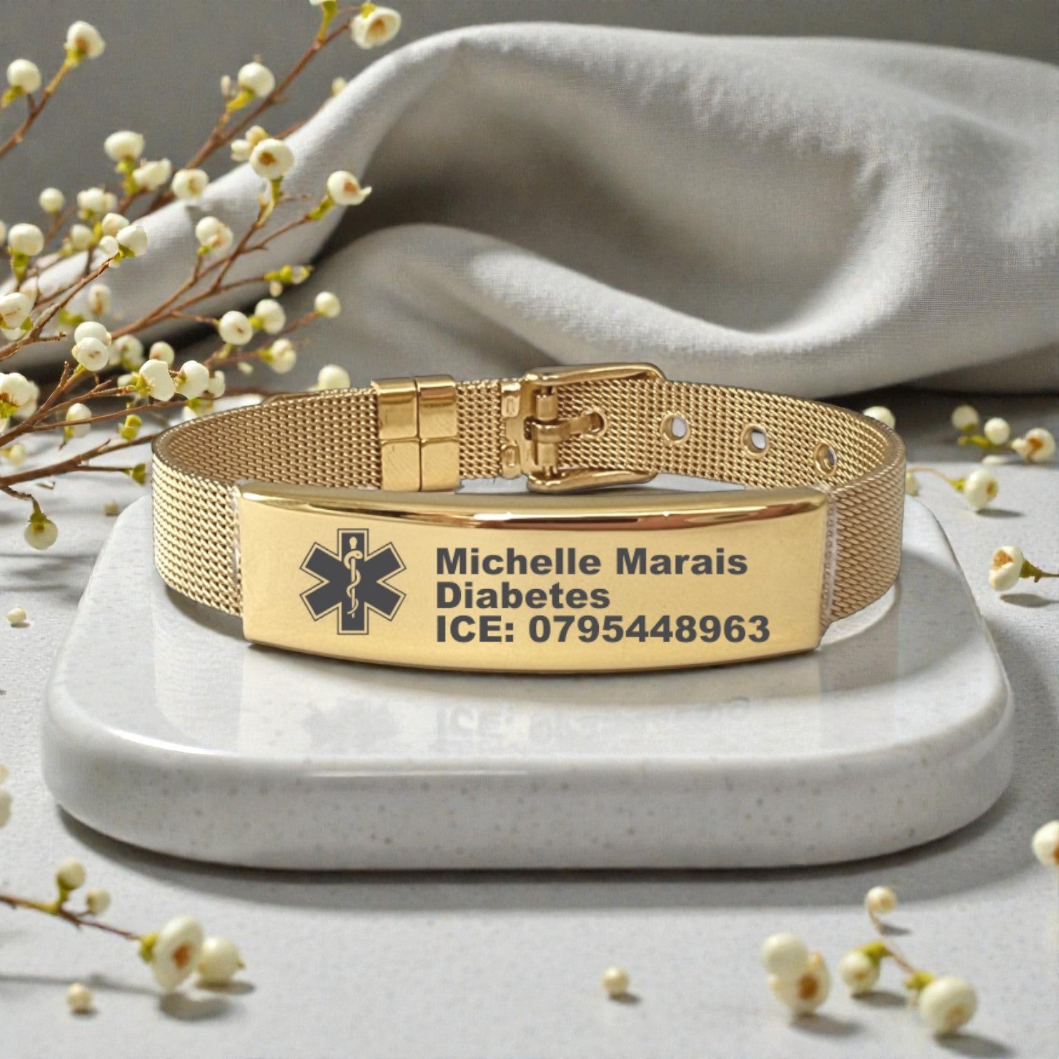 Gold Plated Medical Alert Engraved Mesh Bracelet