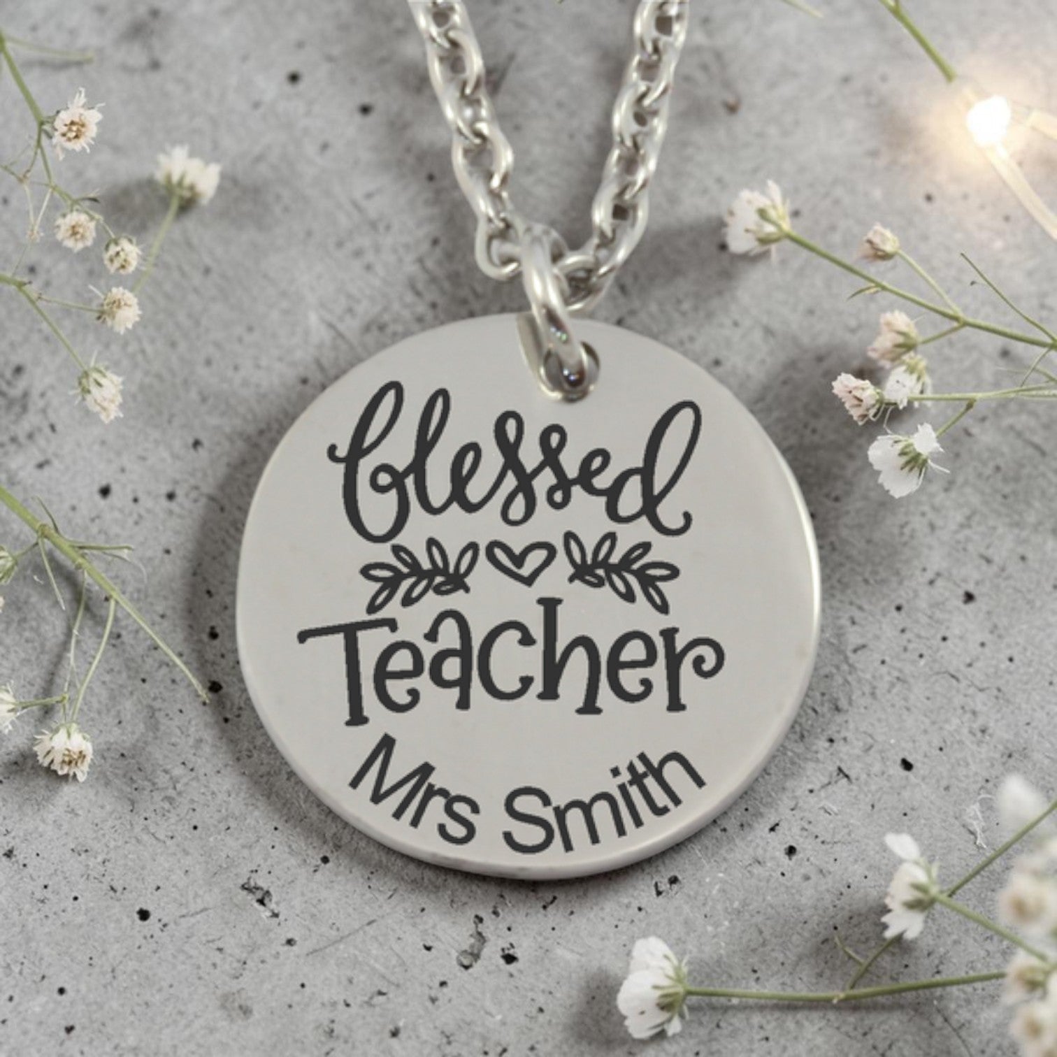 Personalized Blessed Teacher Round Pendant and Chain (Available in other finishes)