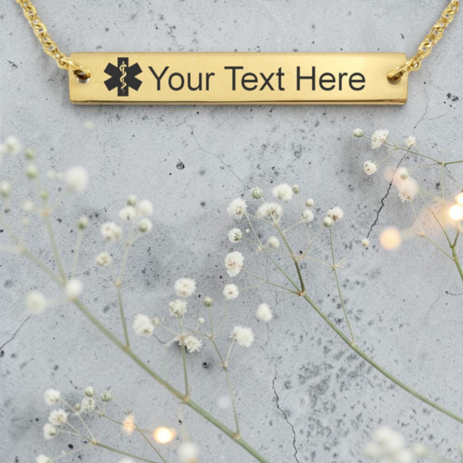 Personalized Medical Alert Gold Plated Bar Pendant & Chain