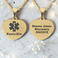 Personalized Medical Alert Gold Plated Heart Pendant and Chain