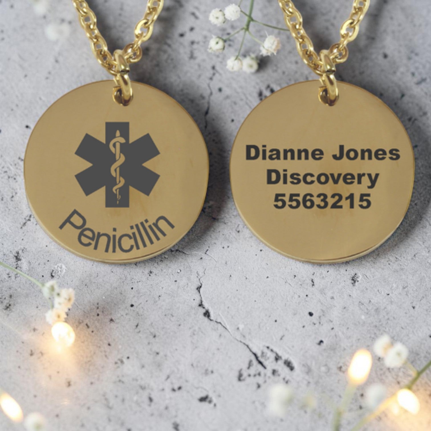 Personalized Medical Alert Gold Plated Round Pendant and Chain