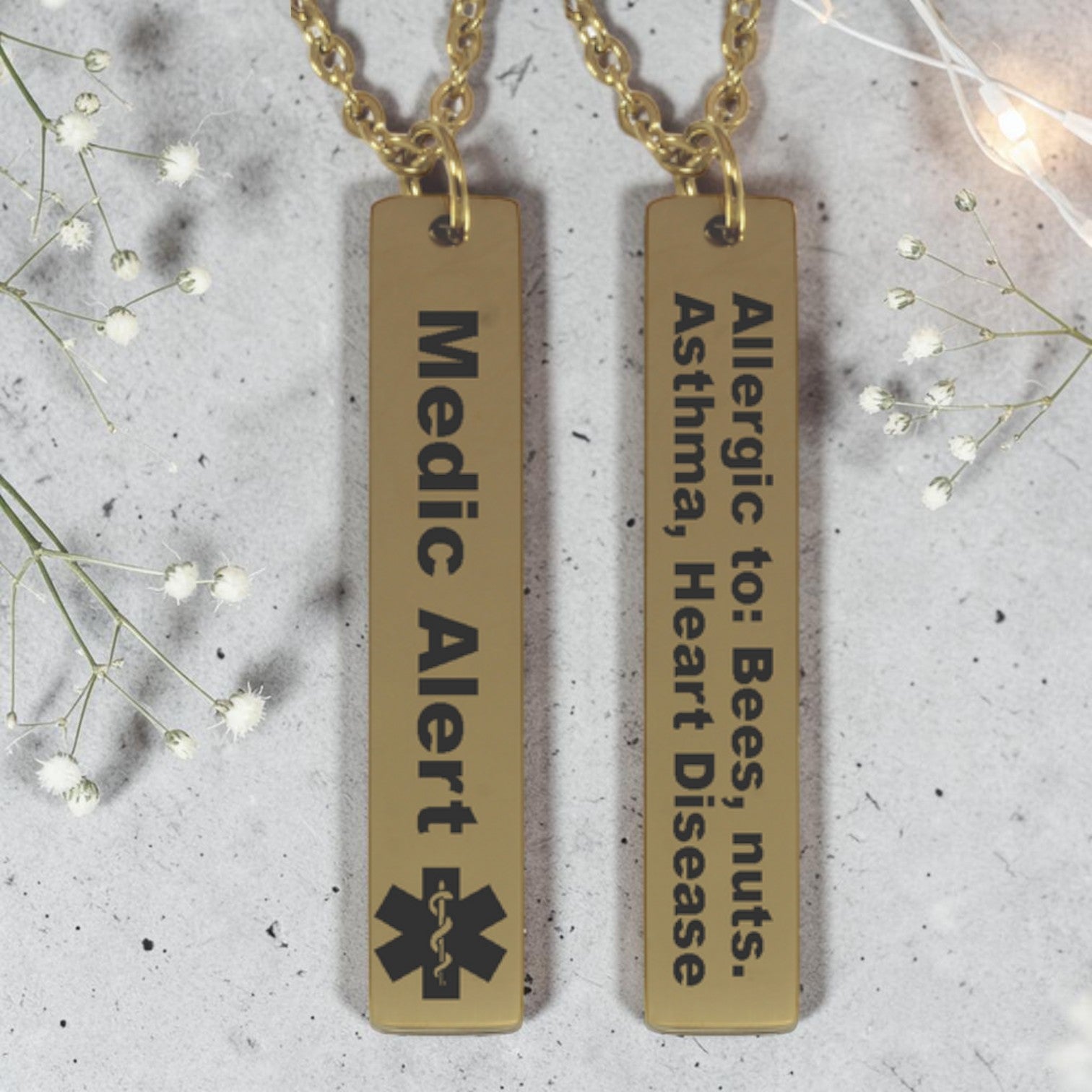 Personalized Medical Alert Gold Plated Vertical Bar Pendant & Chain