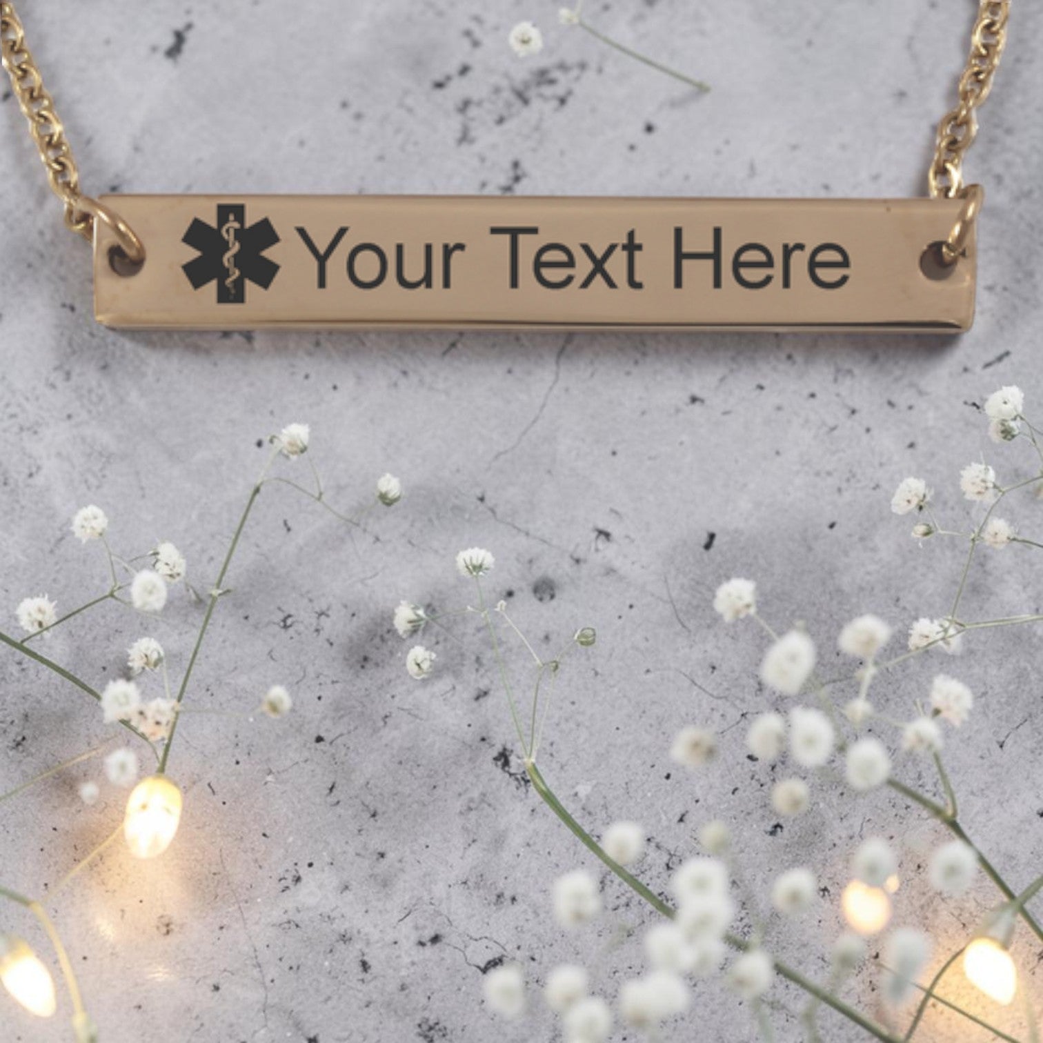 Personalized Medical Alert Rose Gold Plated Bar Pendant & Chain