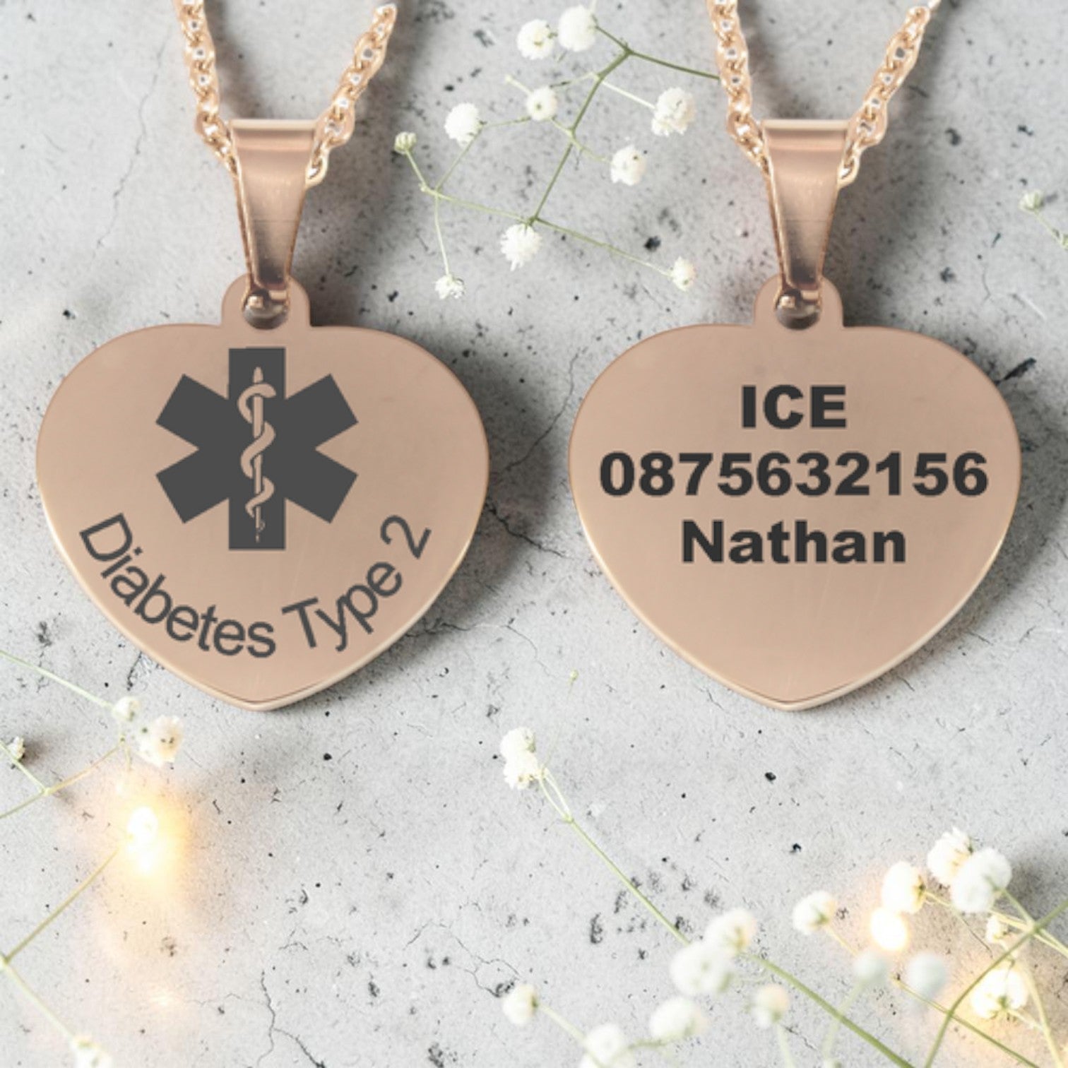 Personalized Medical Alert Rose Gold Plated Heart Pendant and Chain