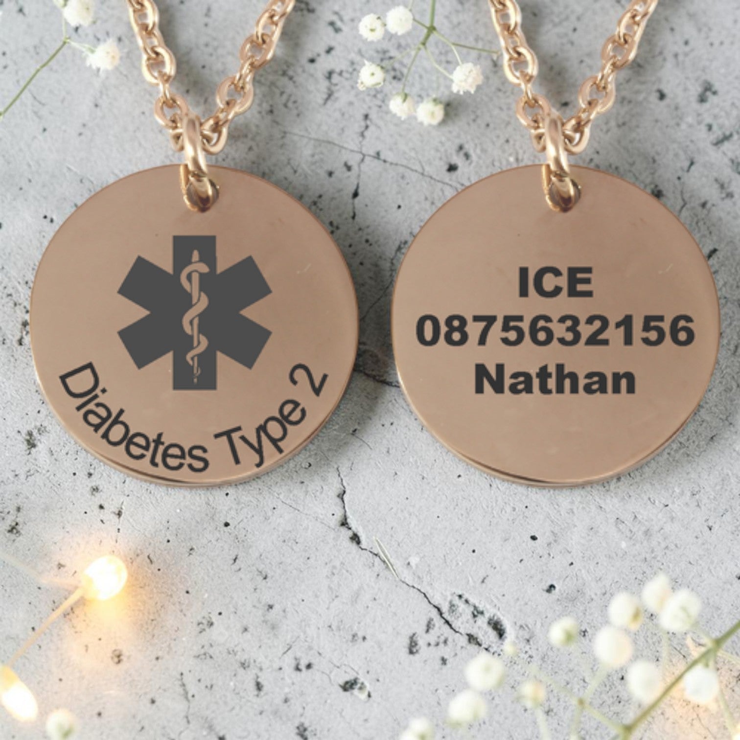 Personalized Medical Alert Rose Gold Plated Round Pendant and Chain
