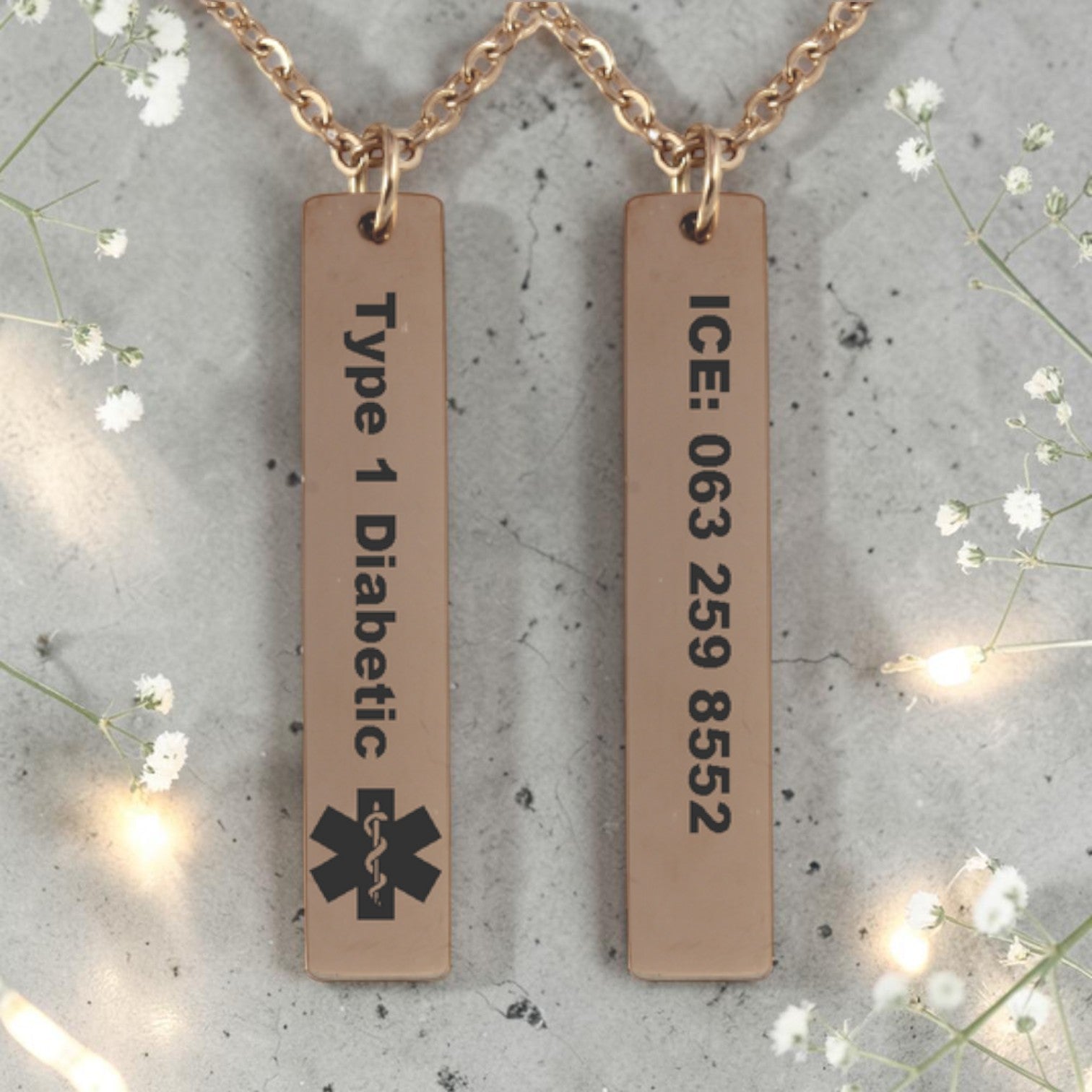 Personalized Medical Alert Rose Gold Plated Vertical Bar Pendant & Chain