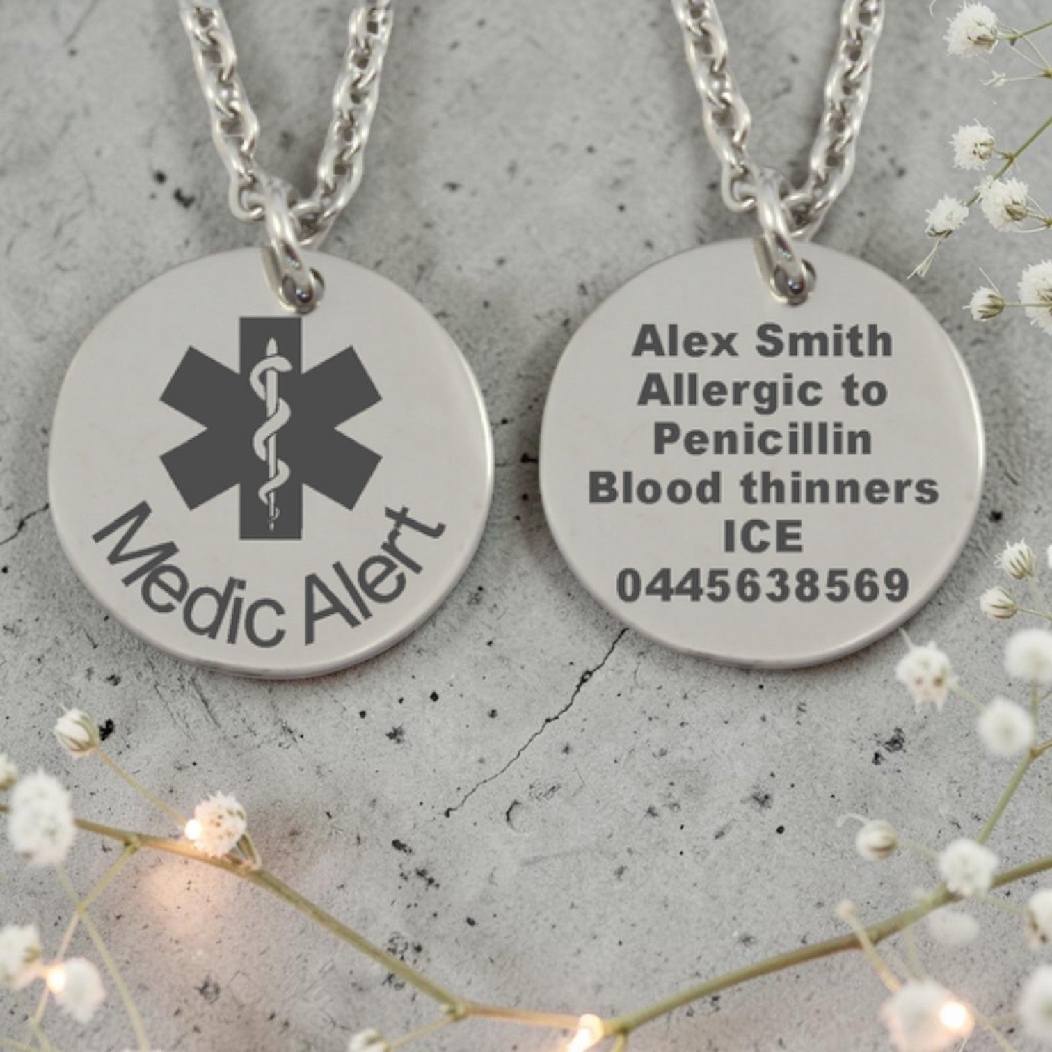 Personalized Medical Alert Round Pendant and Chain