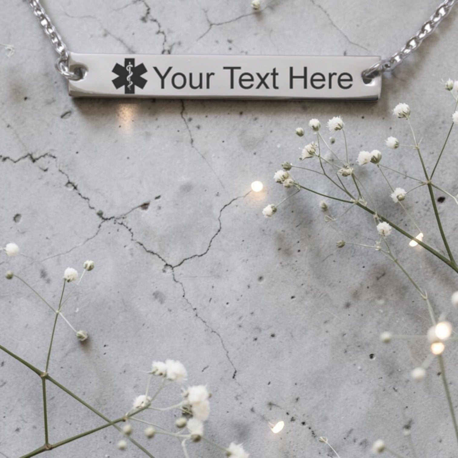 Personalized Medical Alert Stainless Steel Bar Pendant & Chain
