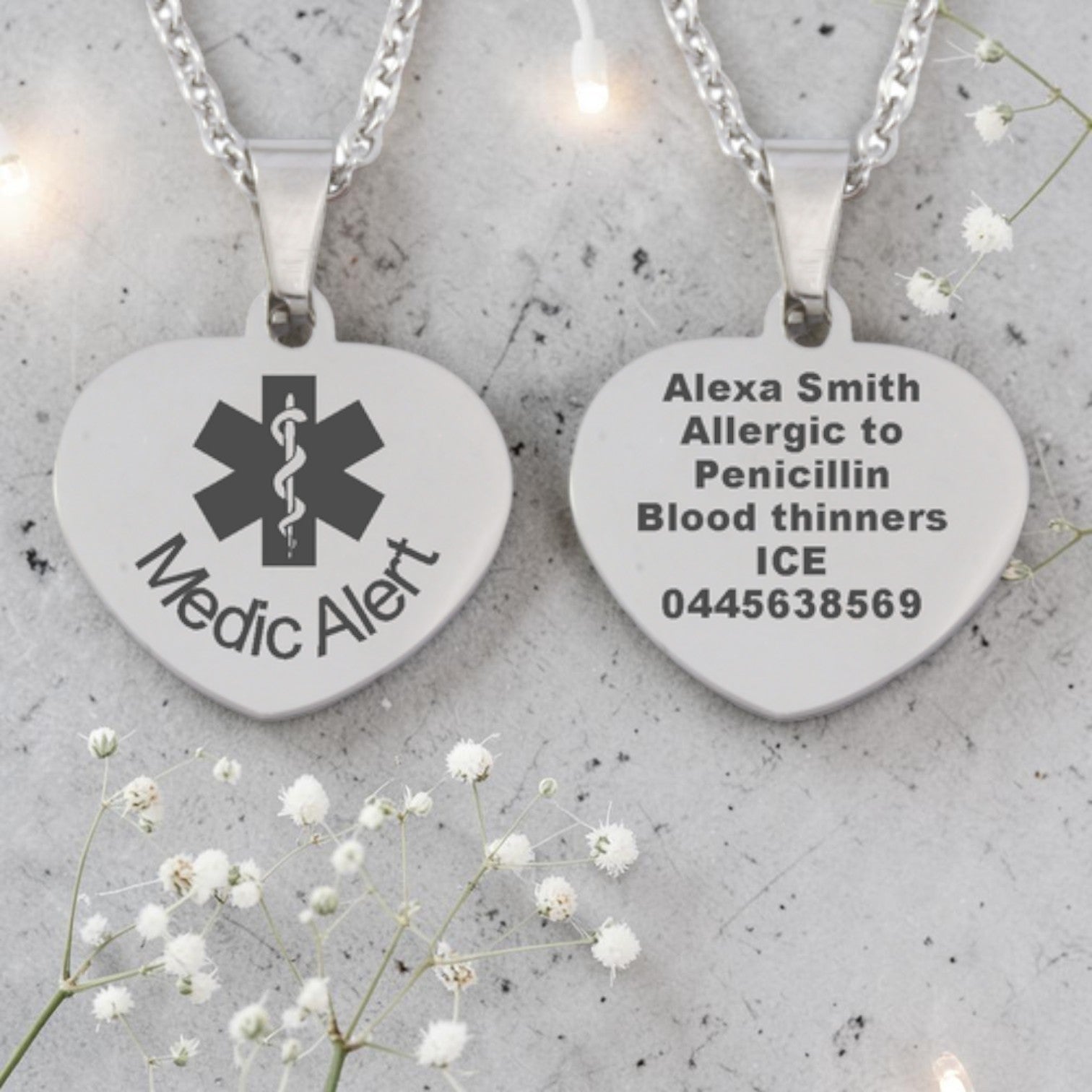 Personalized Medical Alert Stainless Steel Heart Pendant and Chain