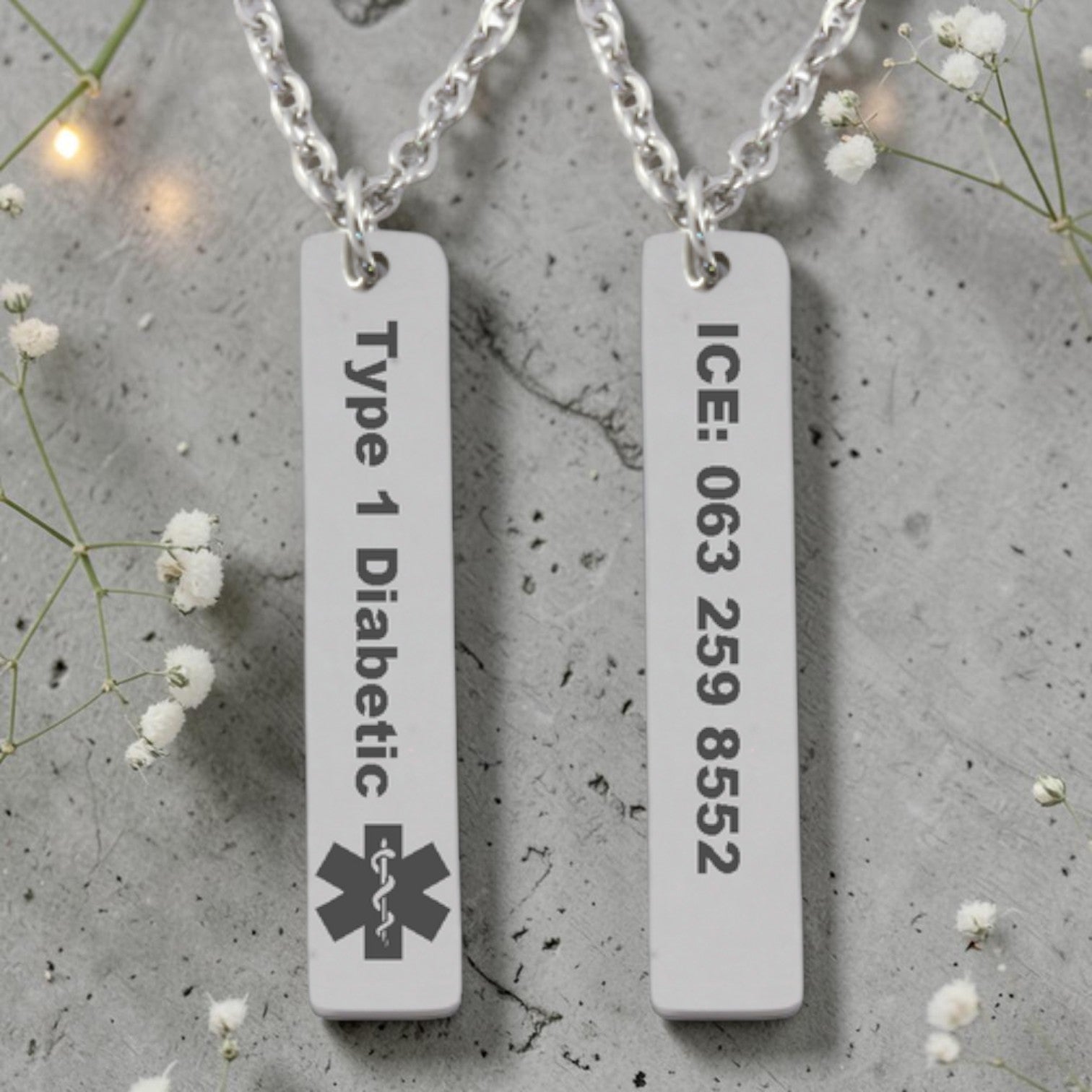 Personalized Medical Alert Stainless Steel Vertical Bar Pendant & Chain