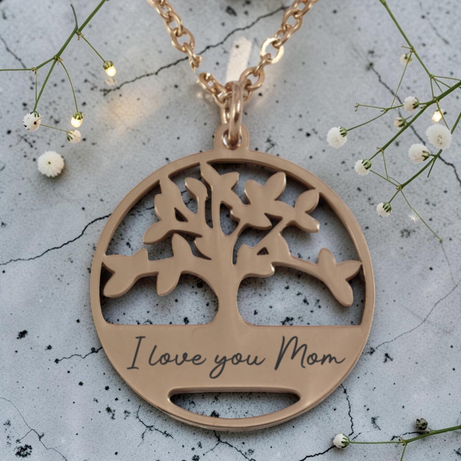 Personalized Rose Gold Plated Family Tree Pendant & Chain