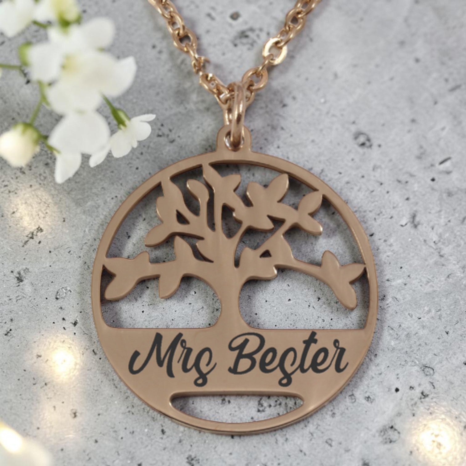 Personalized Rose Gold Plated Teacher Tree Pendant & Chain