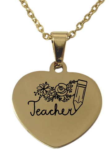 Personalized Teacher Engraved Heart Pendant and Chain (Available in other finishes)