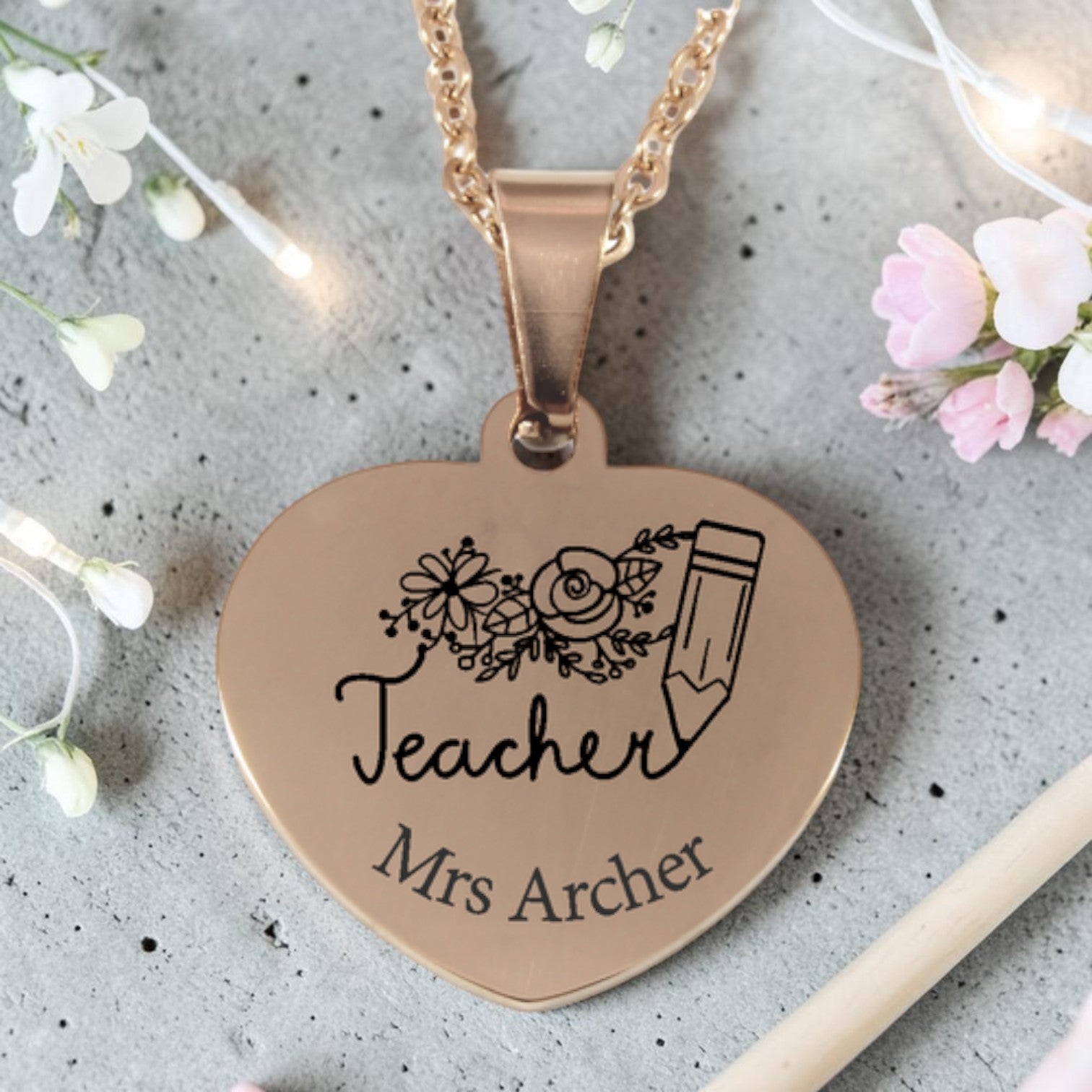 Personalized Teacher Engraved Heart Pendant and Chain (Available in other finishes)