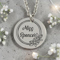 Personalized Teacher Name Round Pendant and Chain (Available in other finishes)