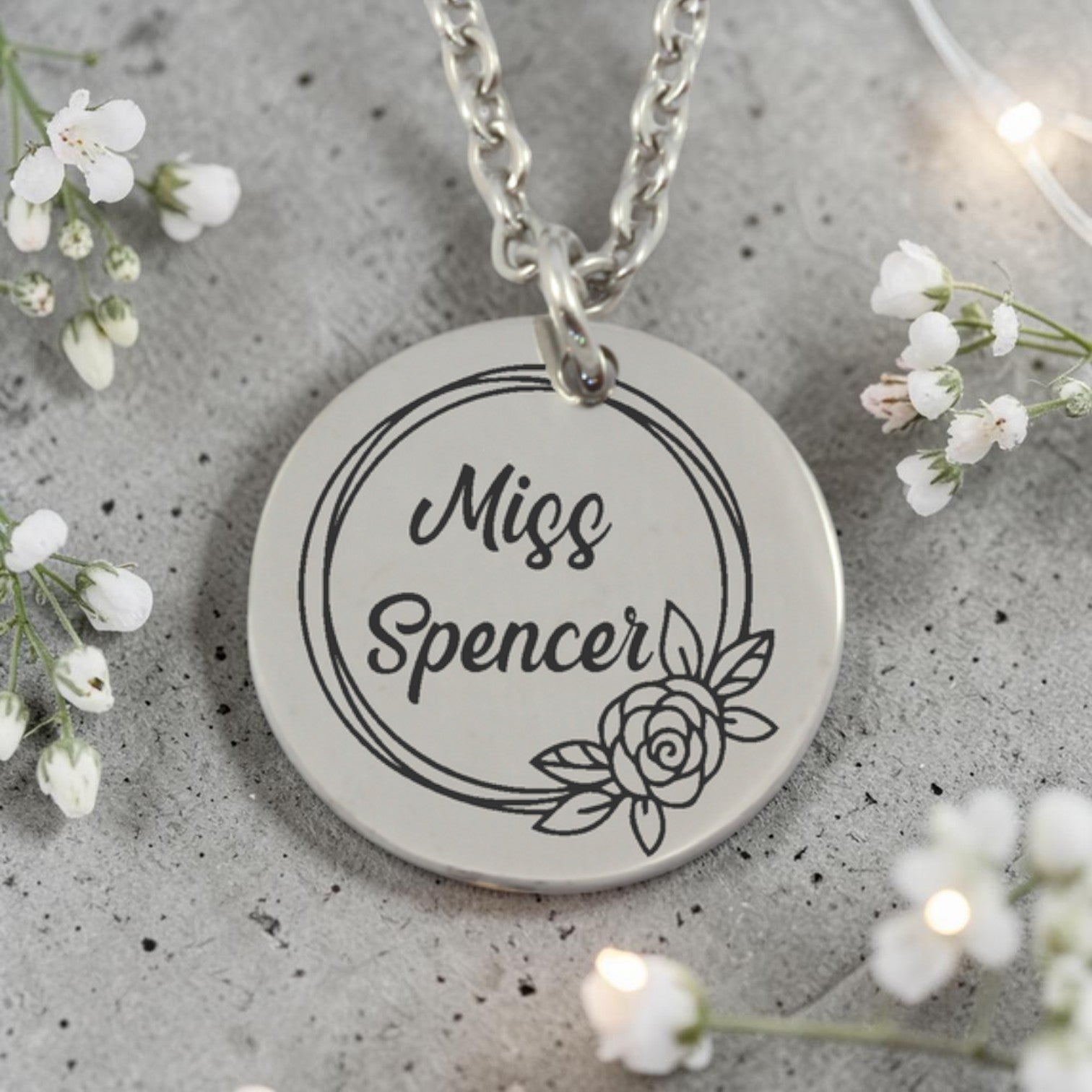 Personalized Teacher Name Round Pendant and Chain (Available in other finishes)