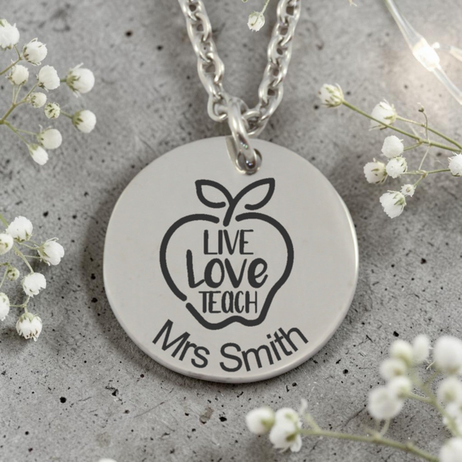 Personalized Teacher Round Pendant and Chain (Available in other finishes)