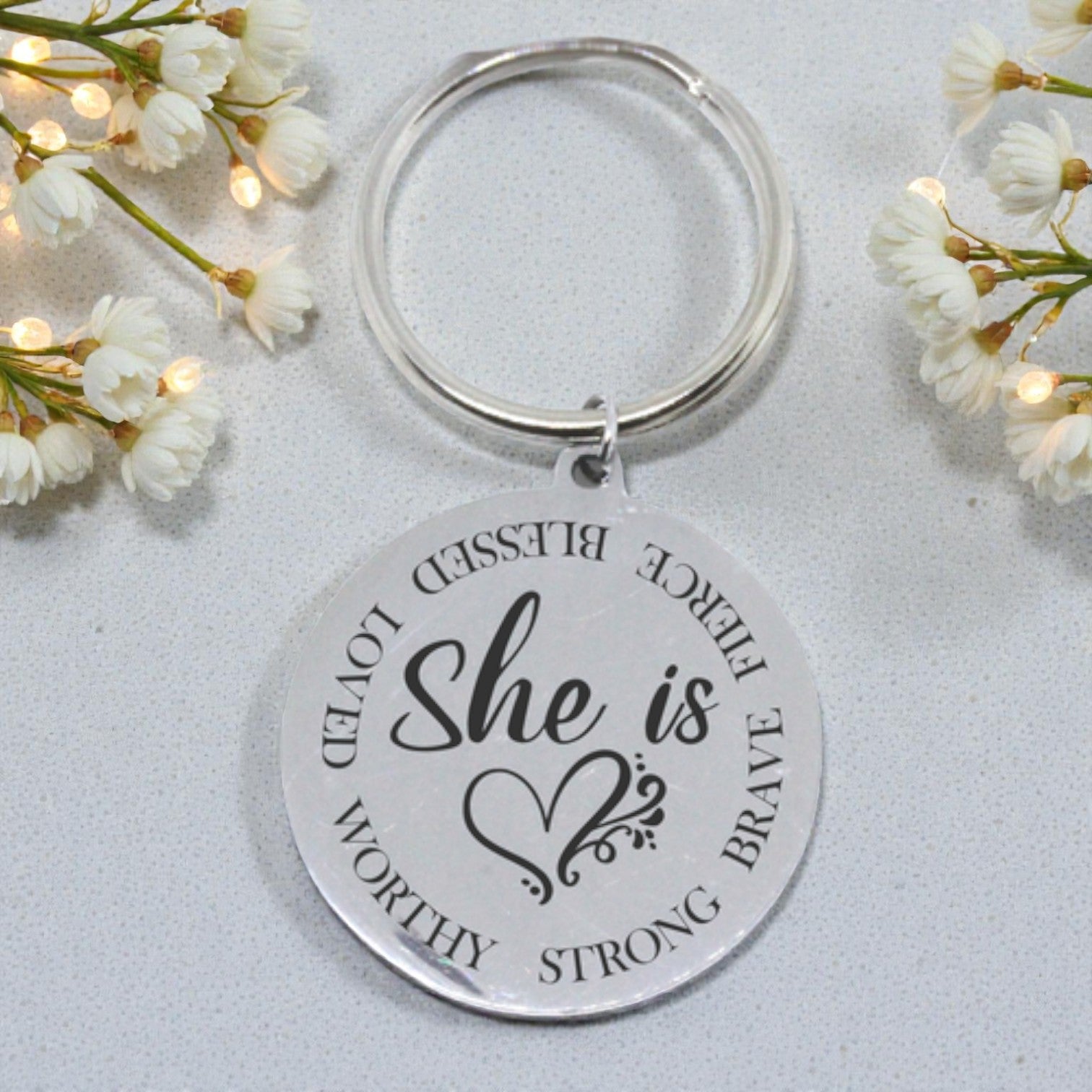 Round Engraved Keyring - She Is