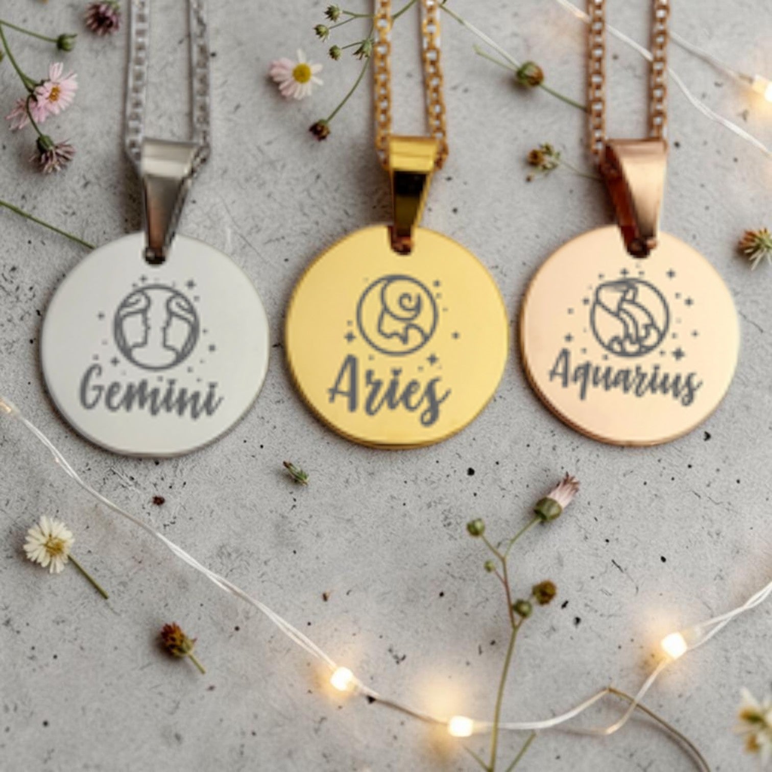 Round Zodiac Pendant and Chain Optional Engraving on Back