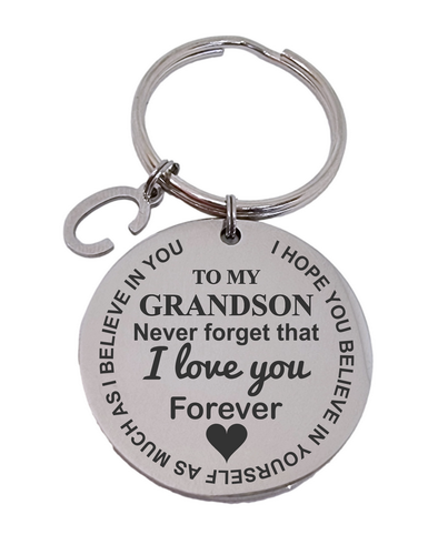 To my Grandson- Round Engraved Keyring With Letter Charm