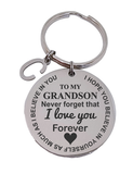 To my Grandson- Round Engraved Keyring With Letter Charm
