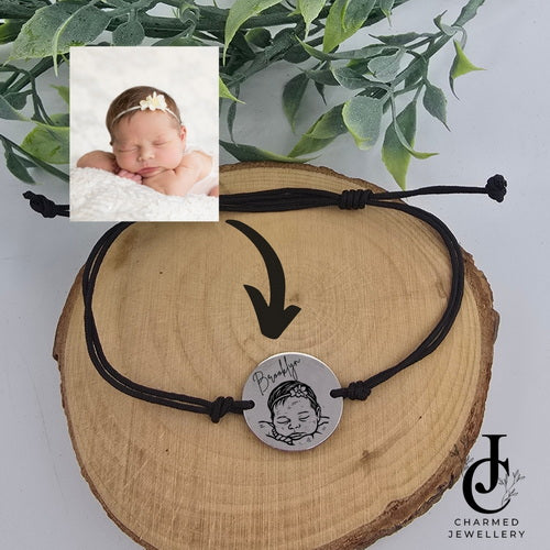 Photo Engraved Round Disc on Adjustable Black Cord Bracelet