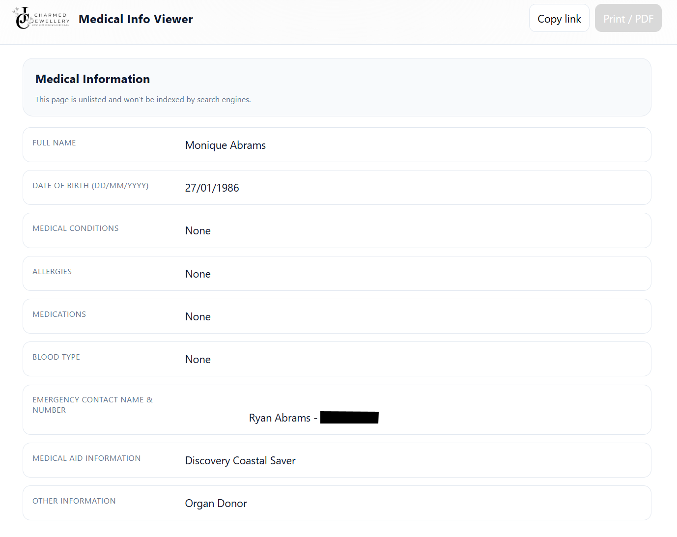 Medical ID QR Dog Tag Pendant