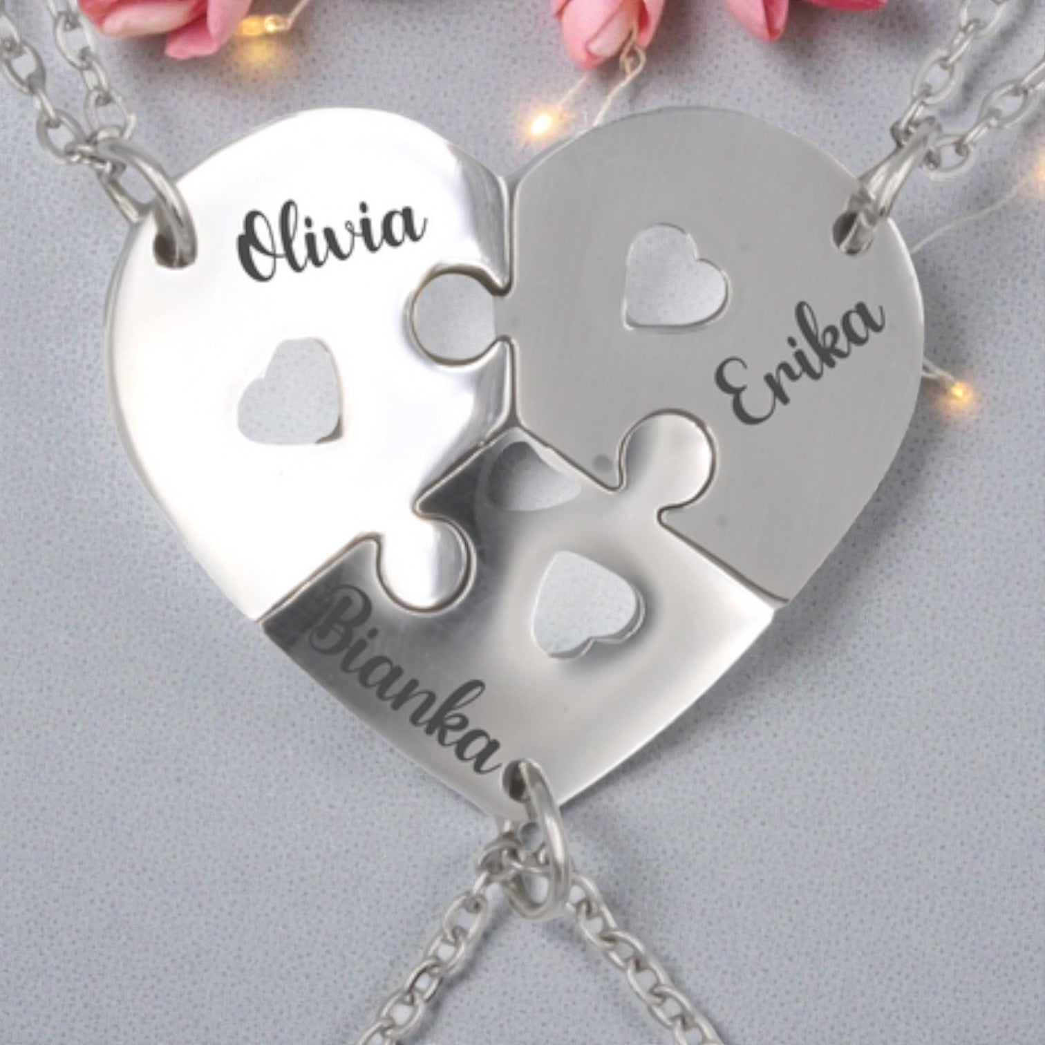 Engraved 3 Parts Heart Pendants with Chains