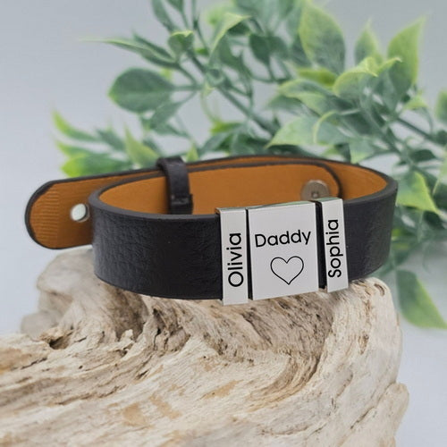 Brown Pleather Bracelet with Personalized Engraved Slider Charms