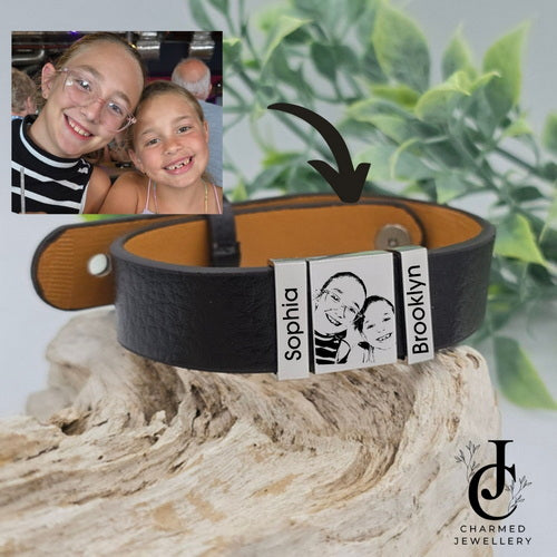 Photo Engraved Pleather Bracelet with Slider Charms