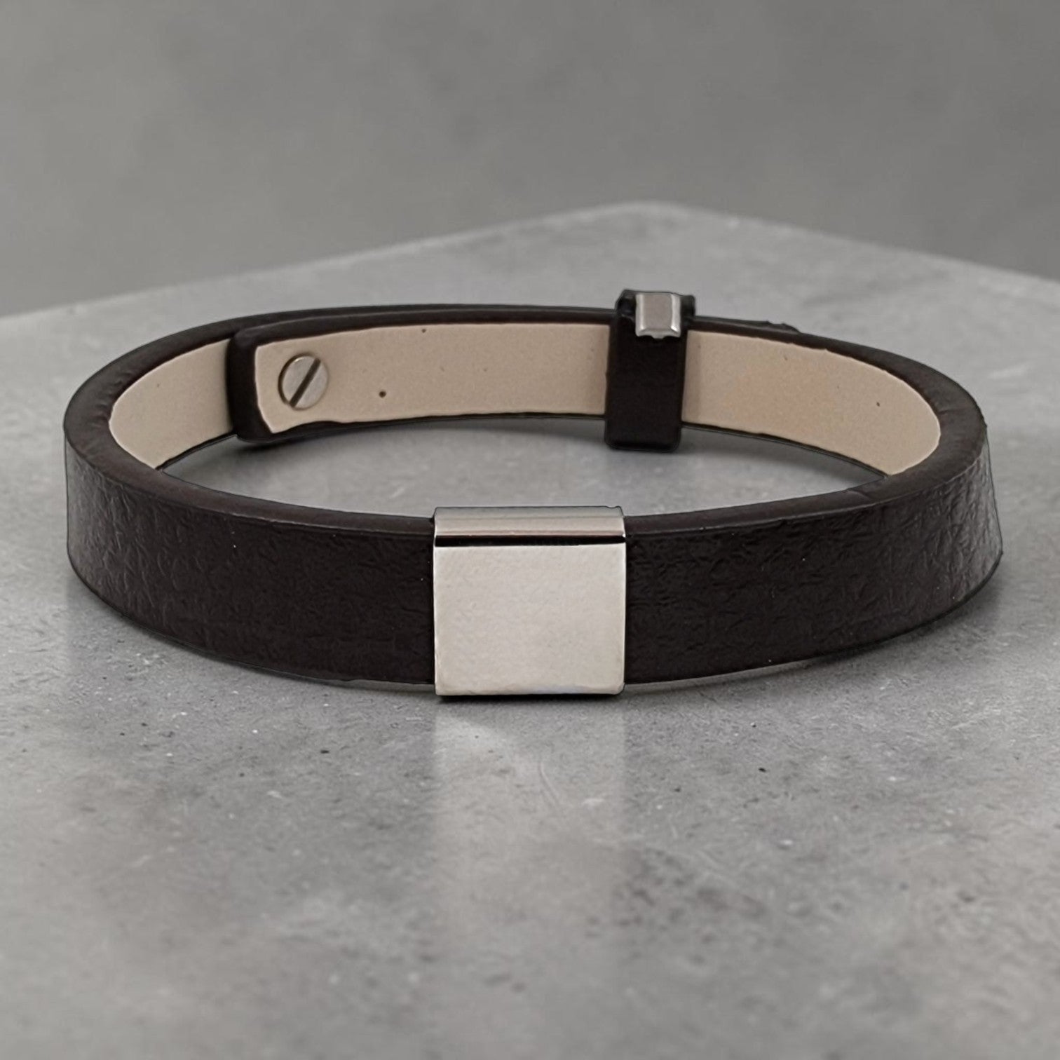 Personalized Brown Pleather Bracelet & Small Square Slider