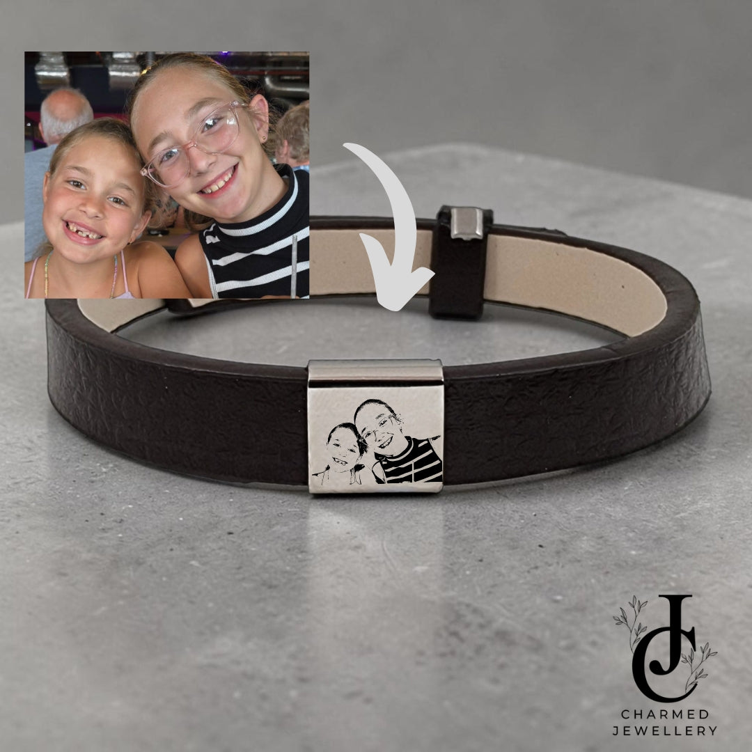 Photo Engraved Small Square Slider Brown Pleather Bracelet