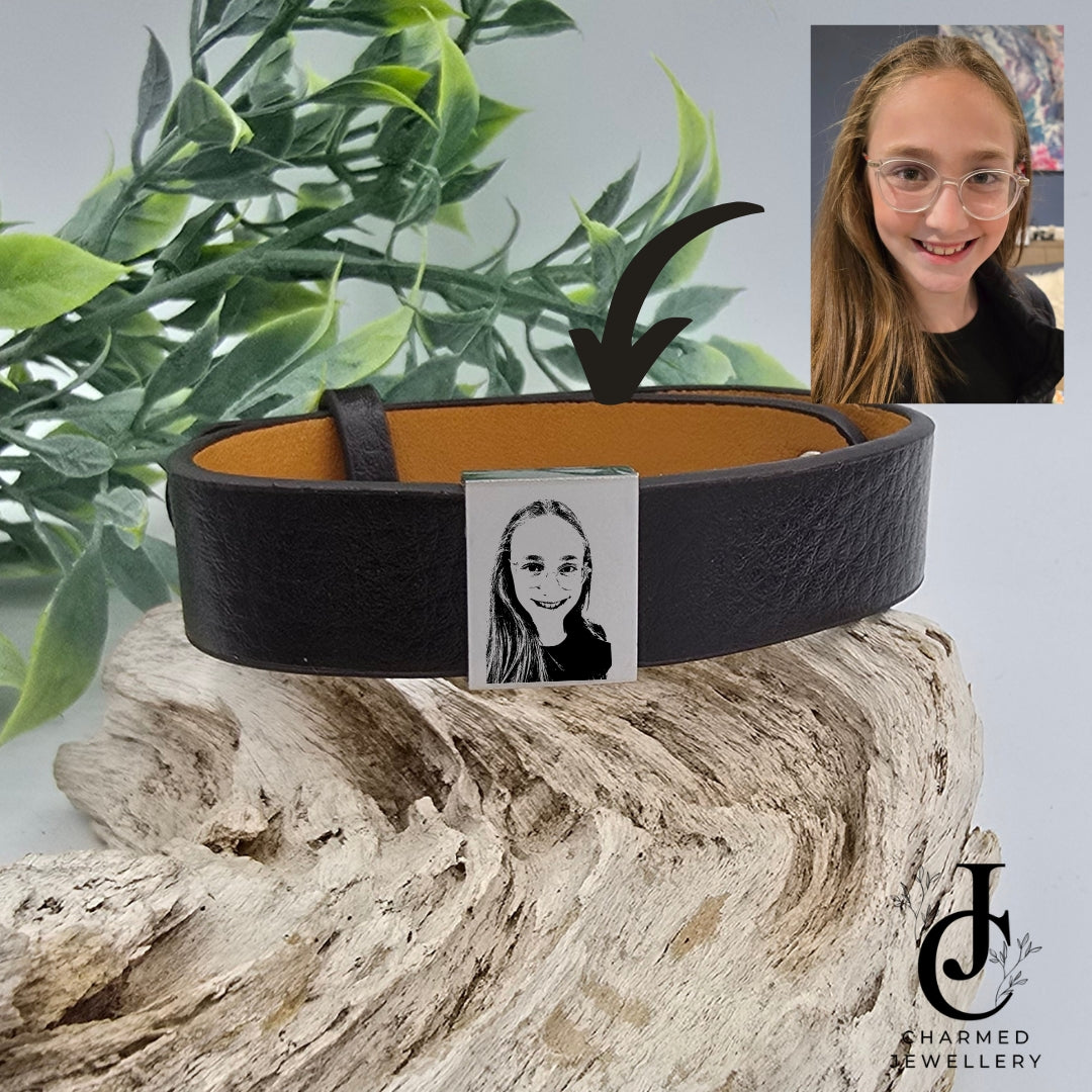Photo Engraved Square Slider Brown Pleather Bracelet