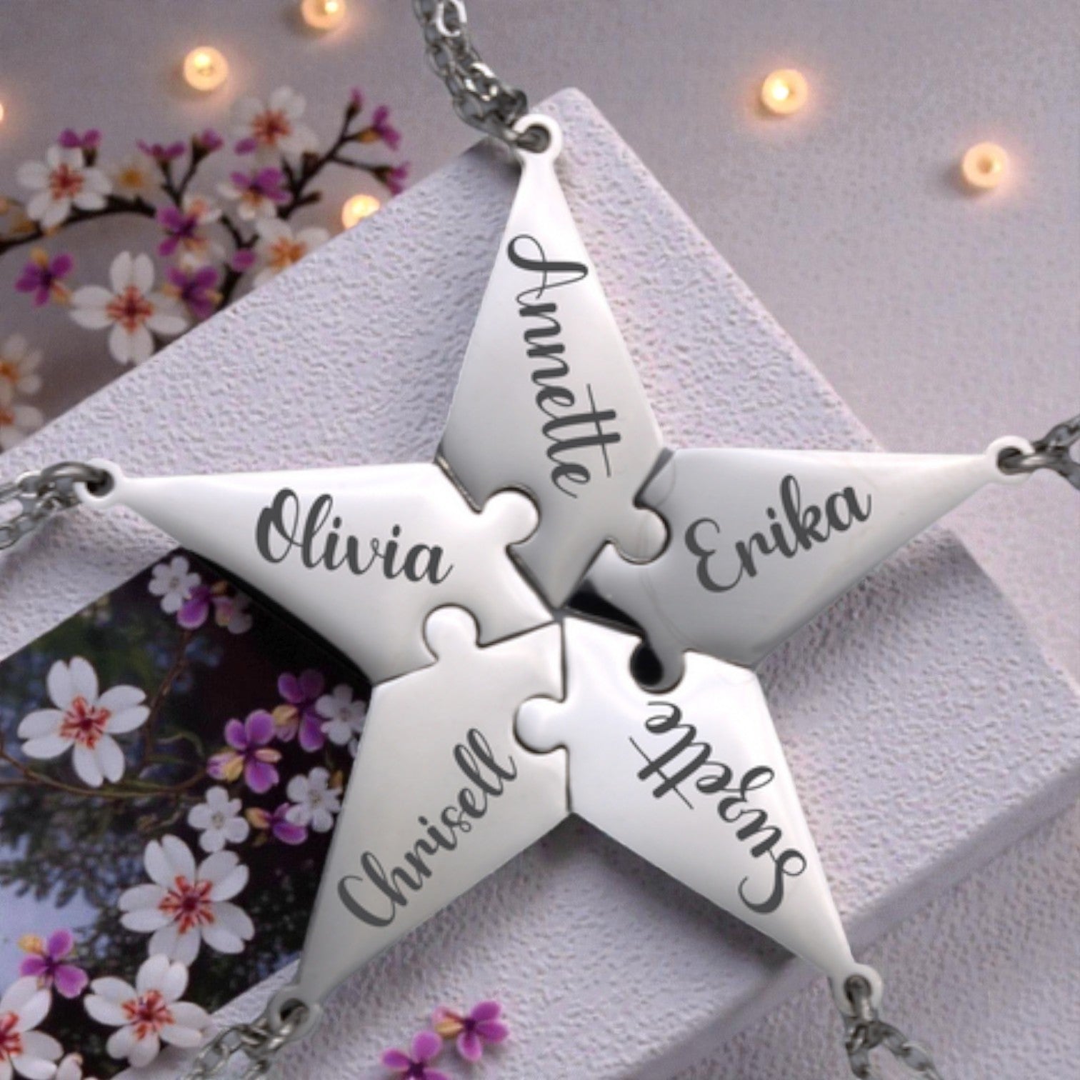 Engraved 5 Parts Star Pendants with Chains