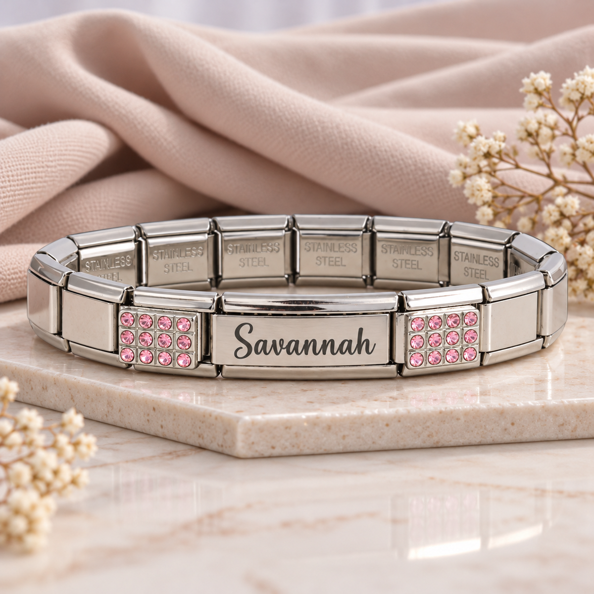 9mm Engraved Pink Name & Enamel Italian Charm Bracelet (Discontinued)