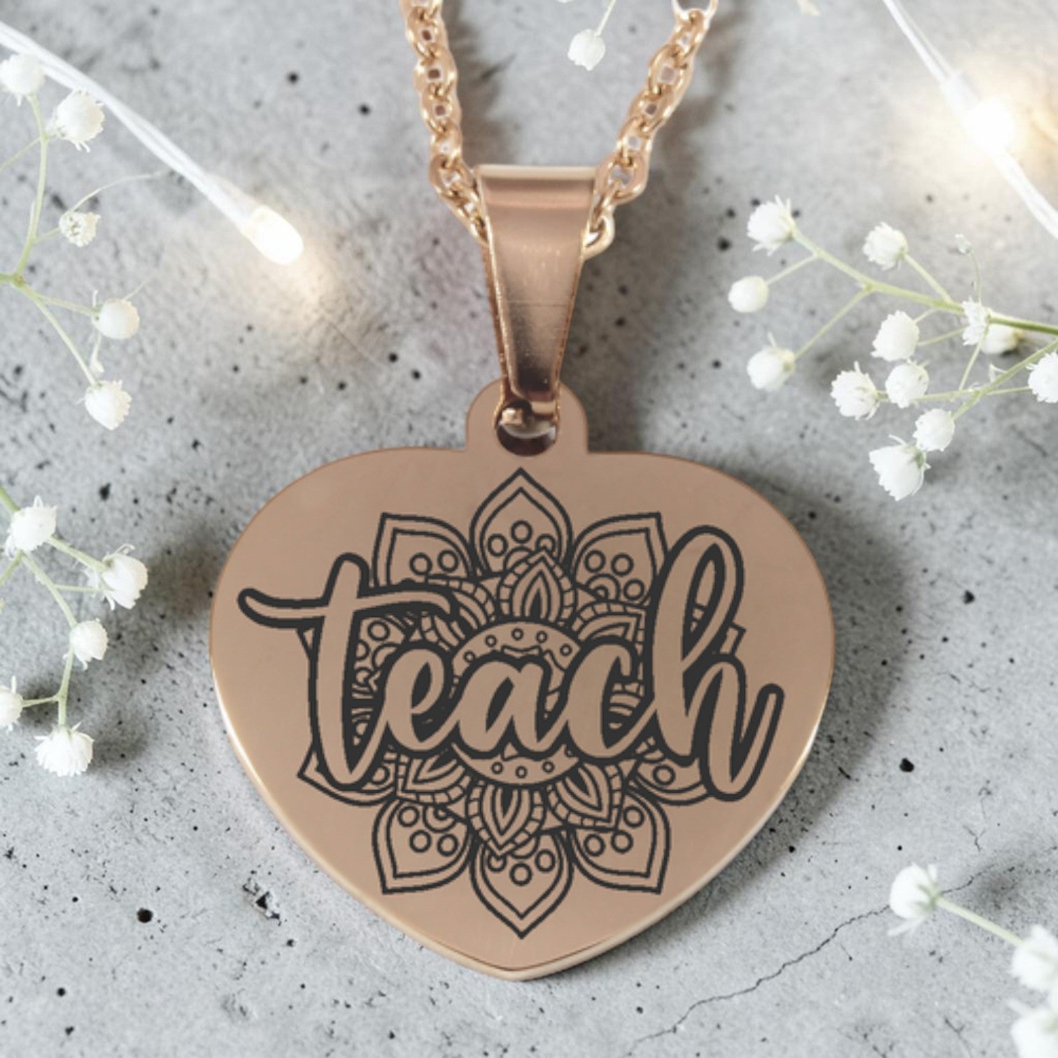 Teach Engraved Heart Pendant and Chain