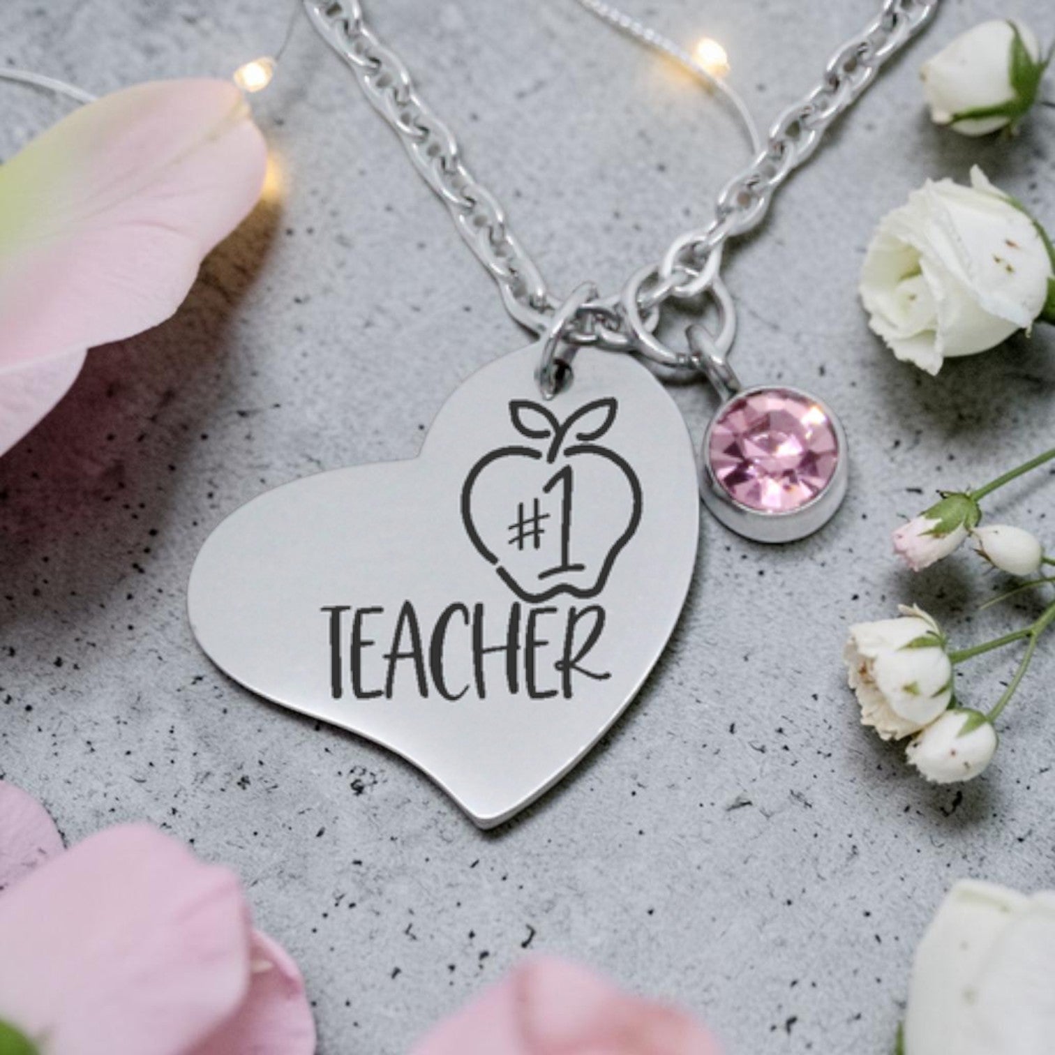 Teacher Side Heart Pendant with Birthstone Charm & Chain