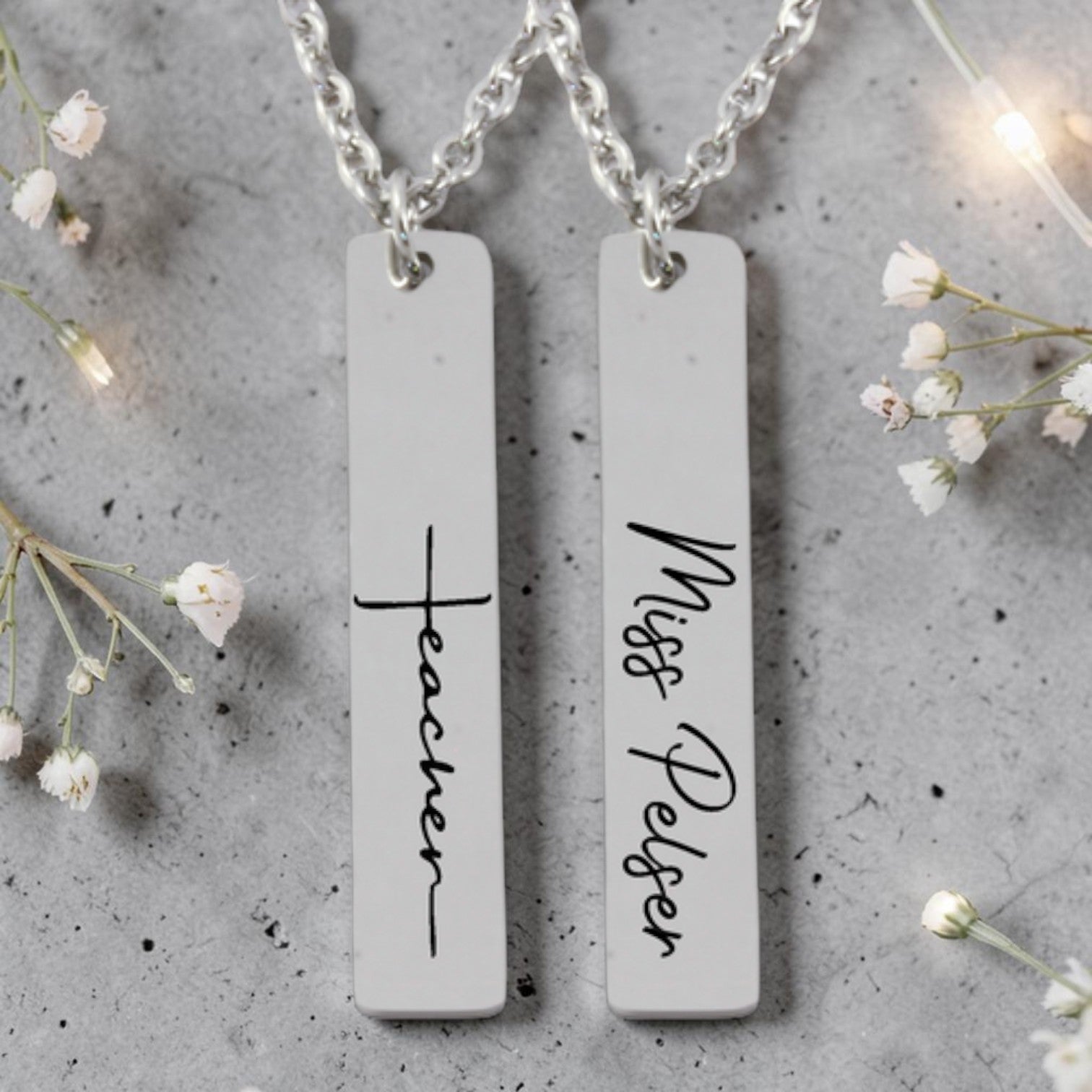 Teacher Vertical Bar Pendant & Chain Front & Back Engraving