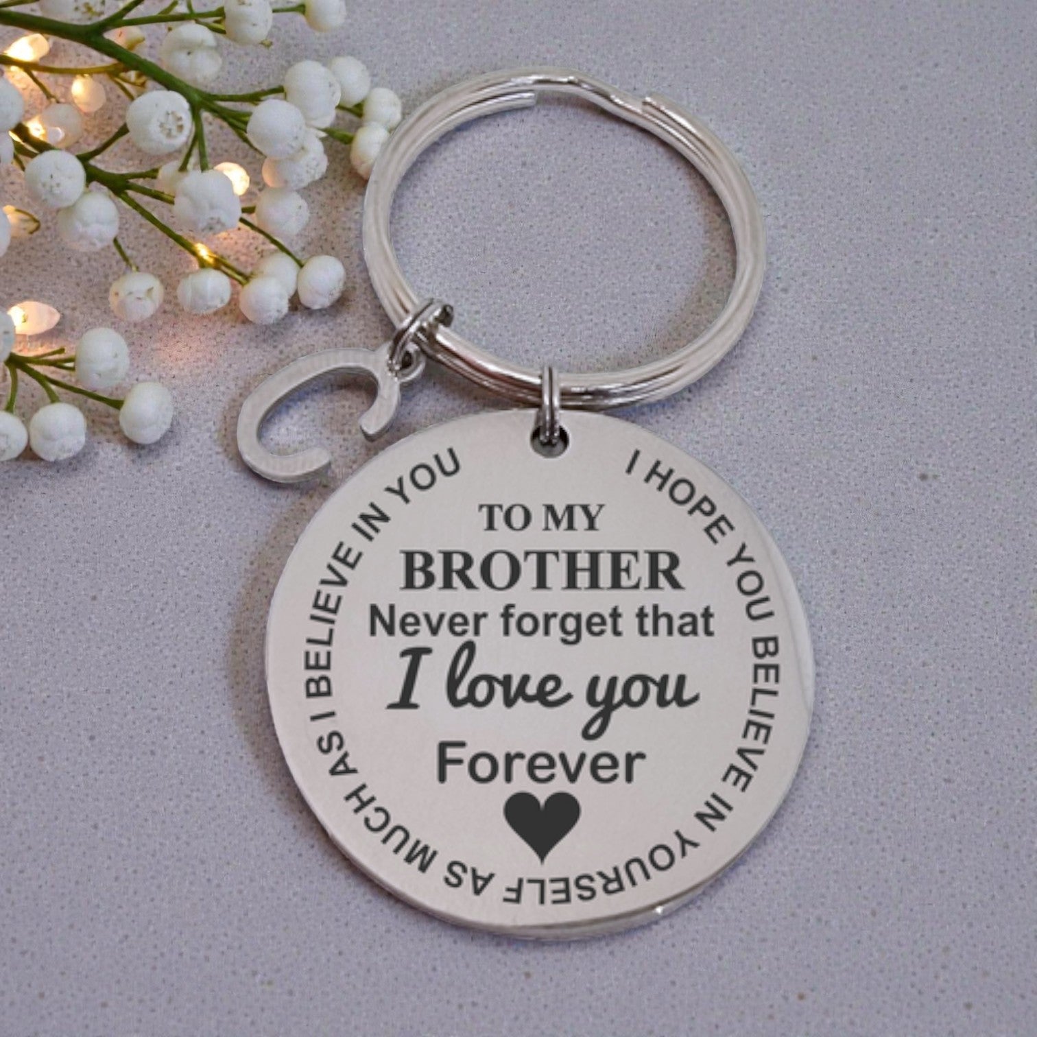 To my Brother - Round Engraved Keyring With Letter Charm
