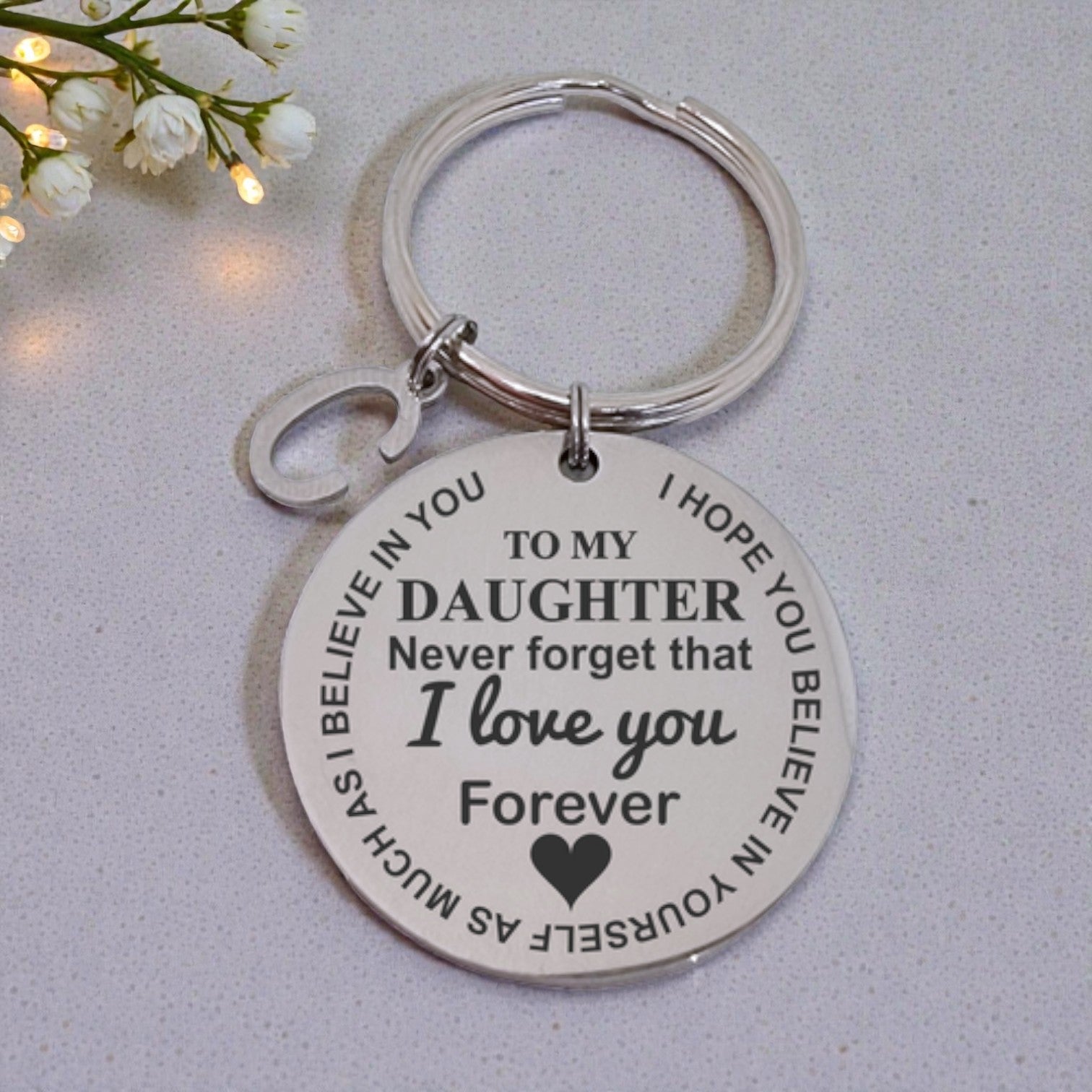 To my Daughter - Round Engraved Keyring With Letter Charm
